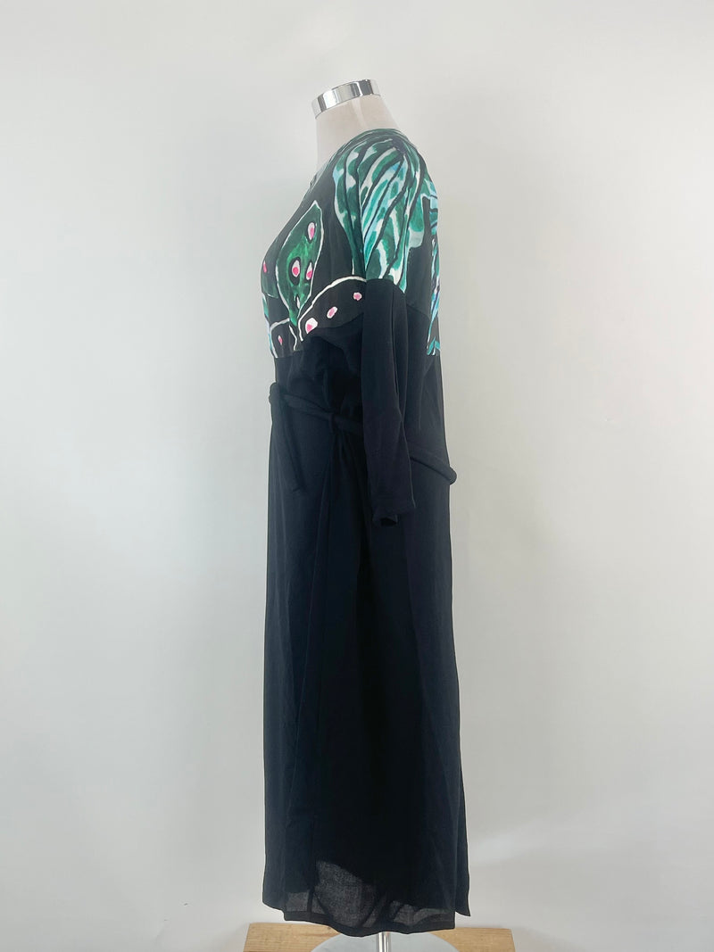 Anntian Patterned Teal Silk & Black Wool Contrast Dress - O/S