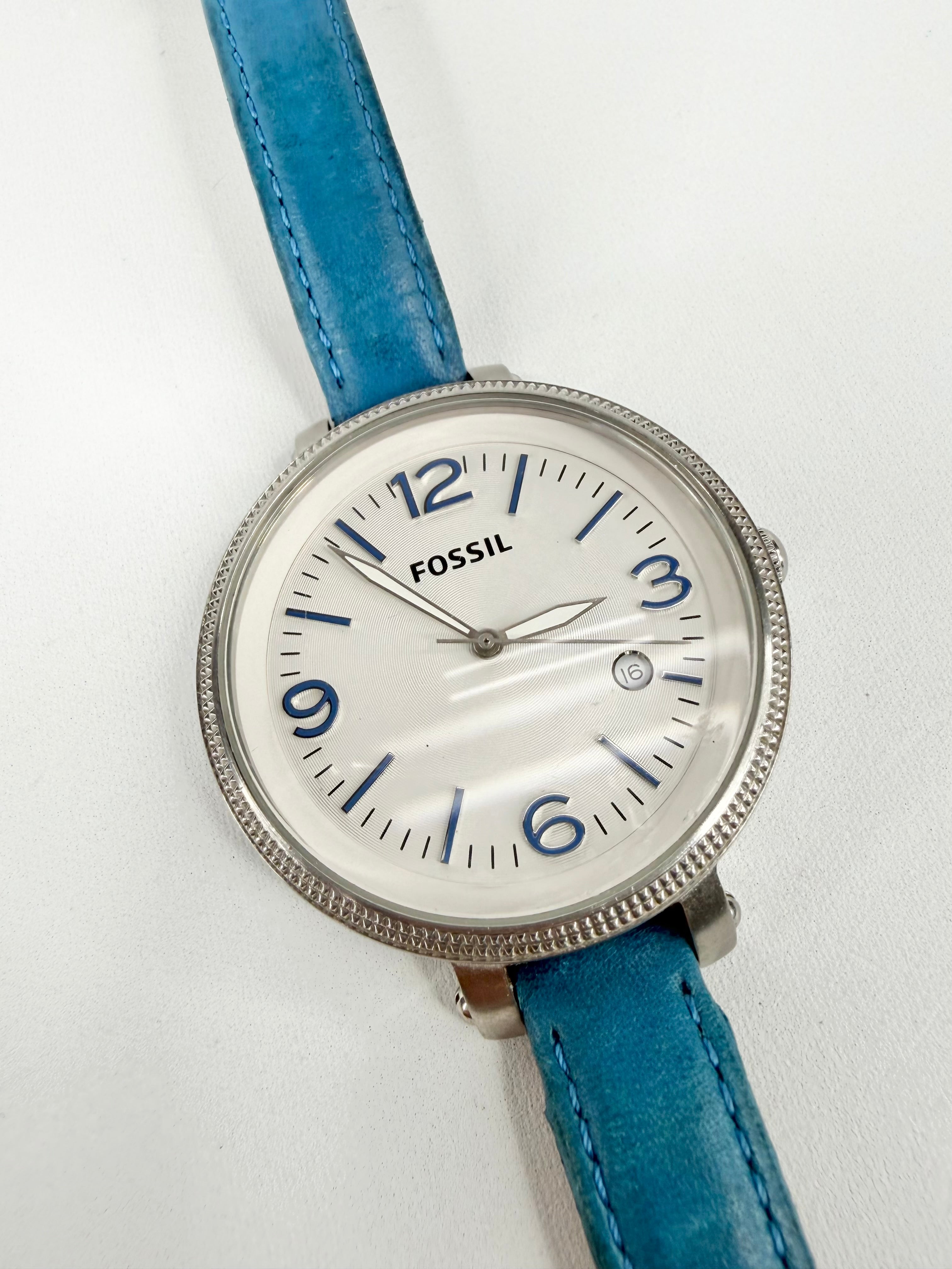 Fossil ES3279 Blue Leather Strap Silver Tone Watch