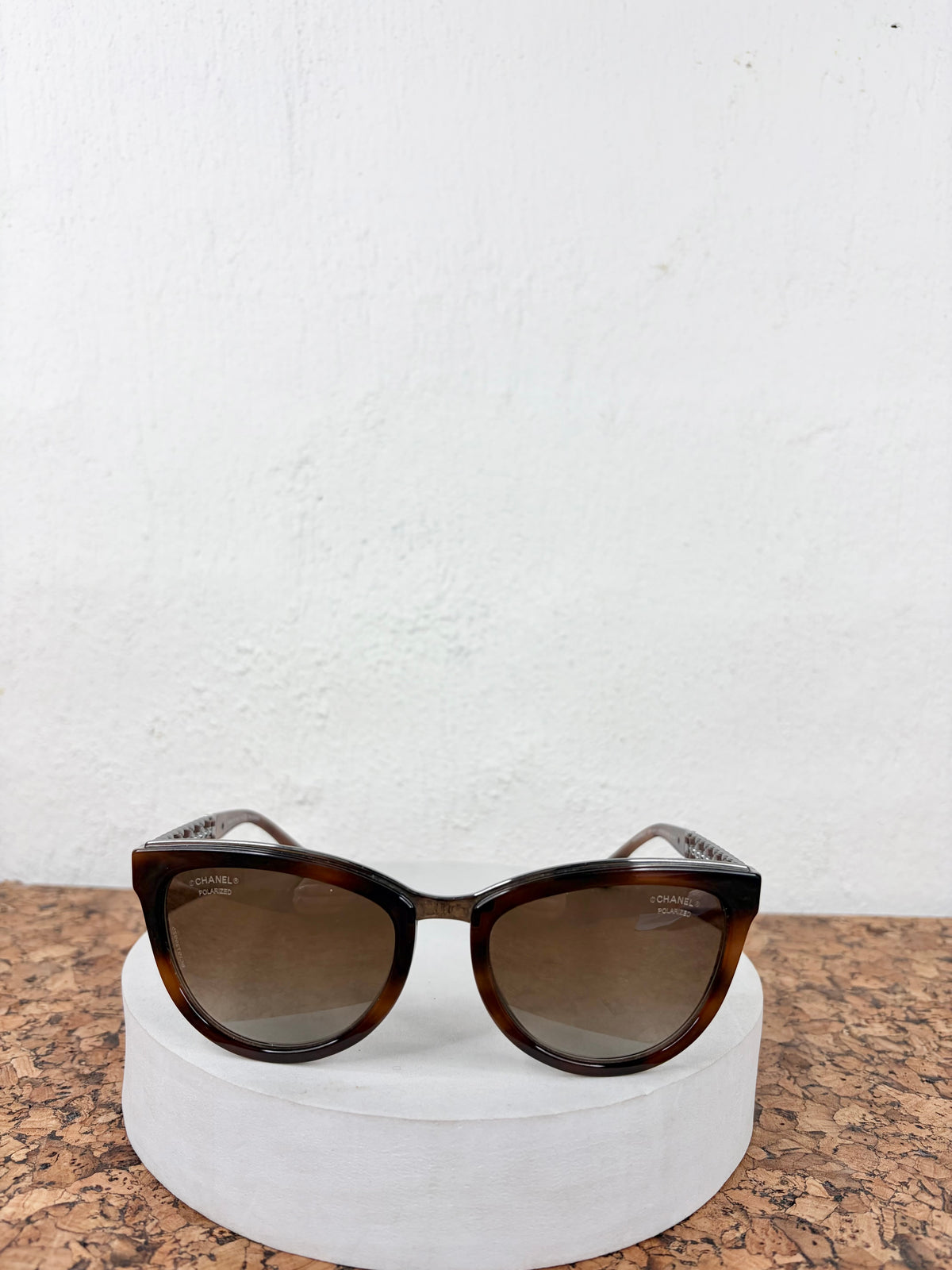 Chanel Brown Chain & Leather Link Cat Eye Sunglasses