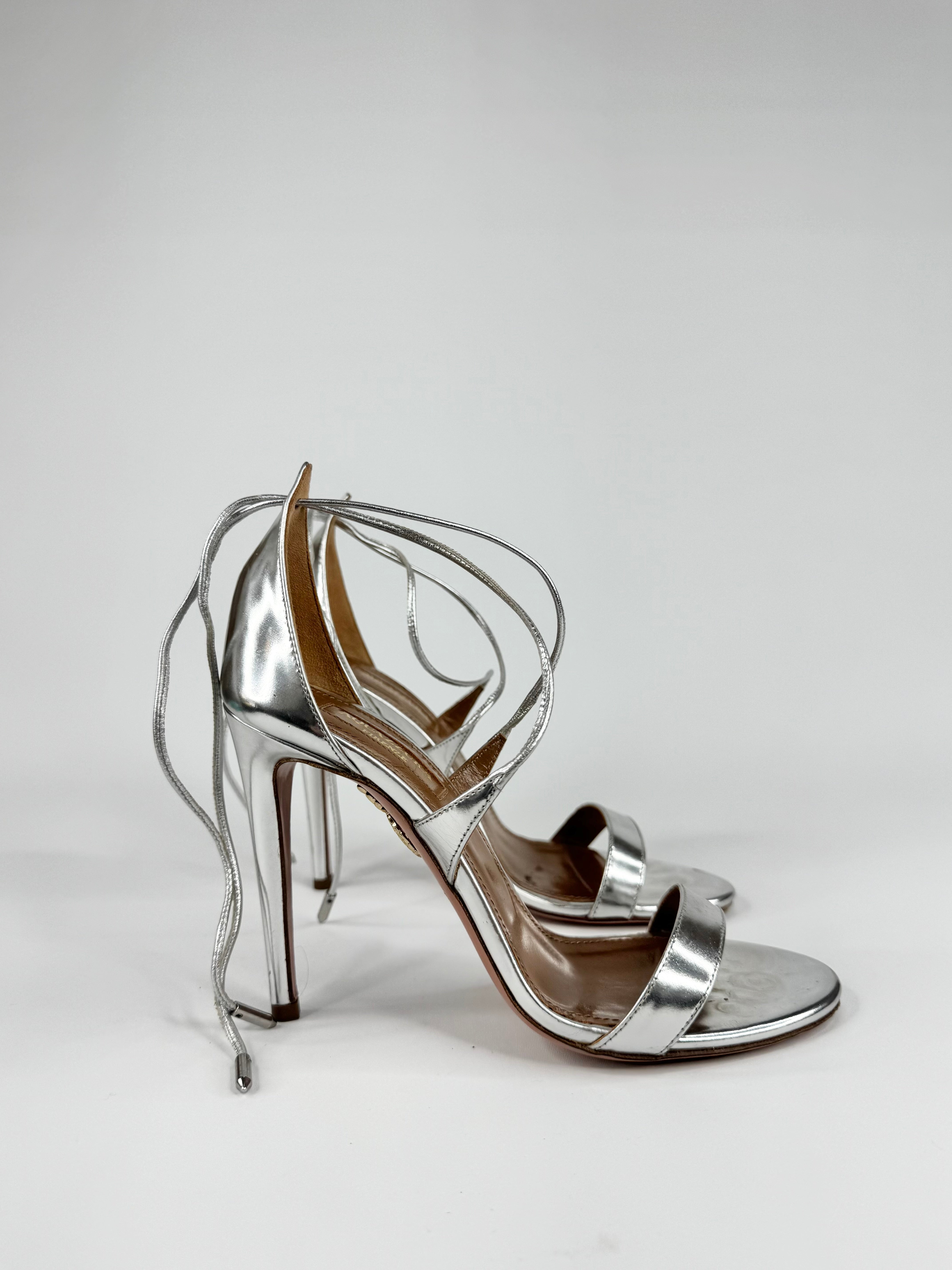 Aquazurra Silver Specchio ‘Linda’ Sleek Tie Stilettos - EU35