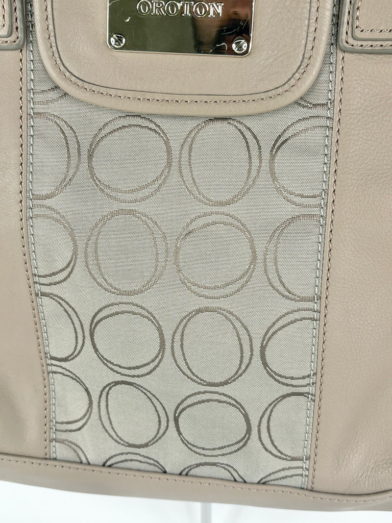 Oroton Beige Leather & Monogrammed Panel Handbag