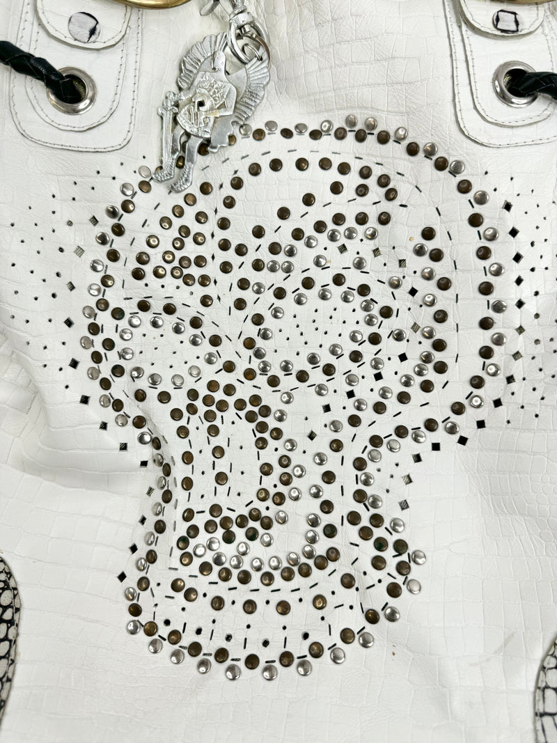 Sabbatha White Croc Embossed Studded Shoulder Bag