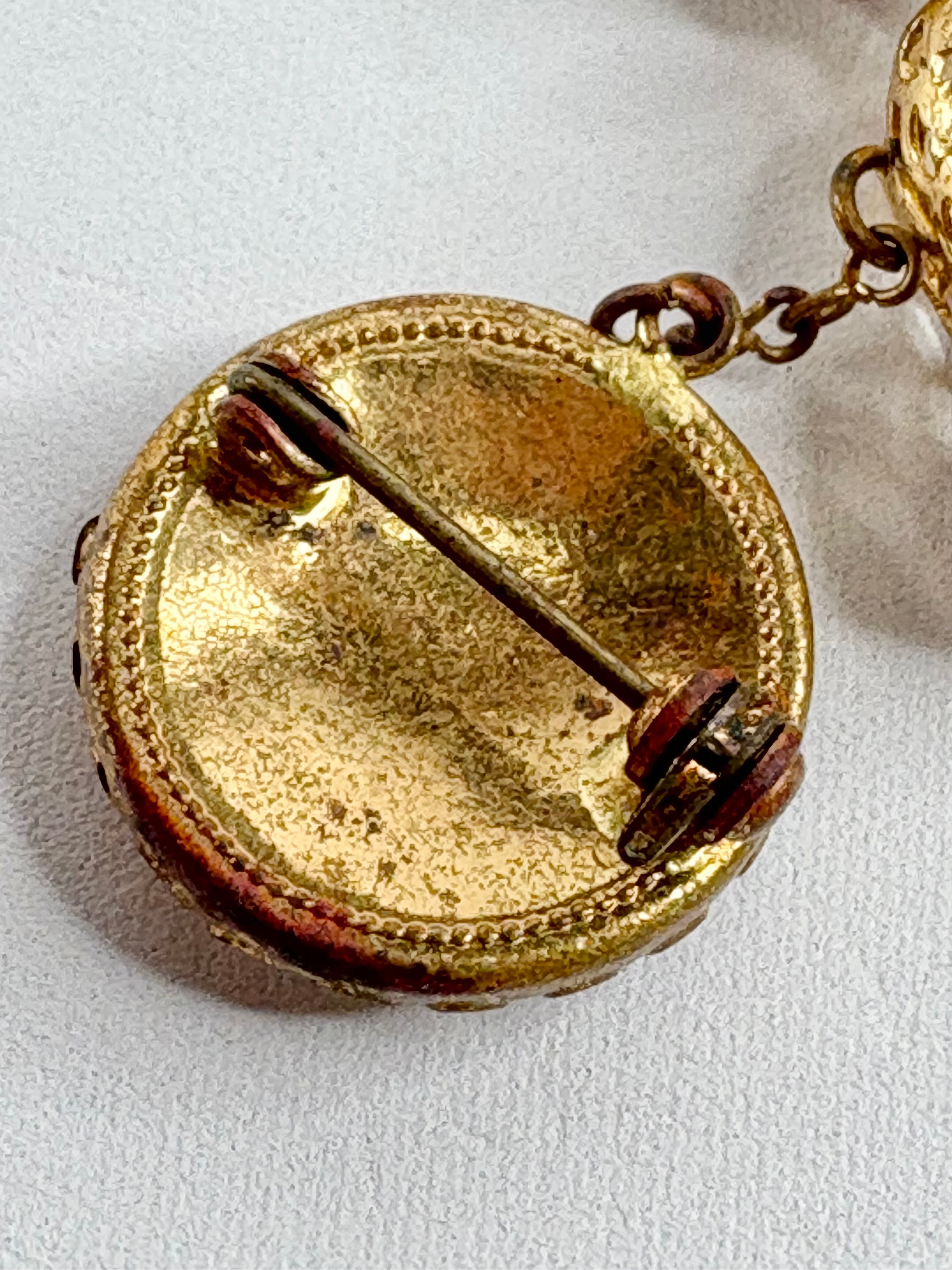 Vintage 50s Petit Point Filigree Perfume Bottle & Chatelaine Chain Brooch