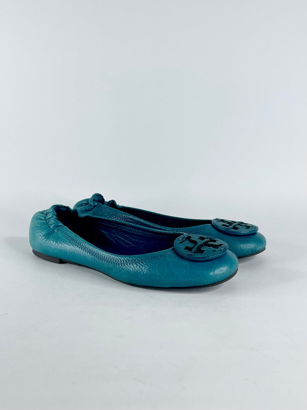 Tory Burch Turquoise Grained Leather Ballet Flats - EU37