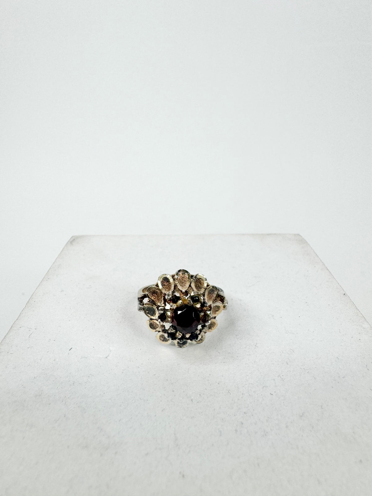 Vintage Raised Garnet Petal Patterned Ring