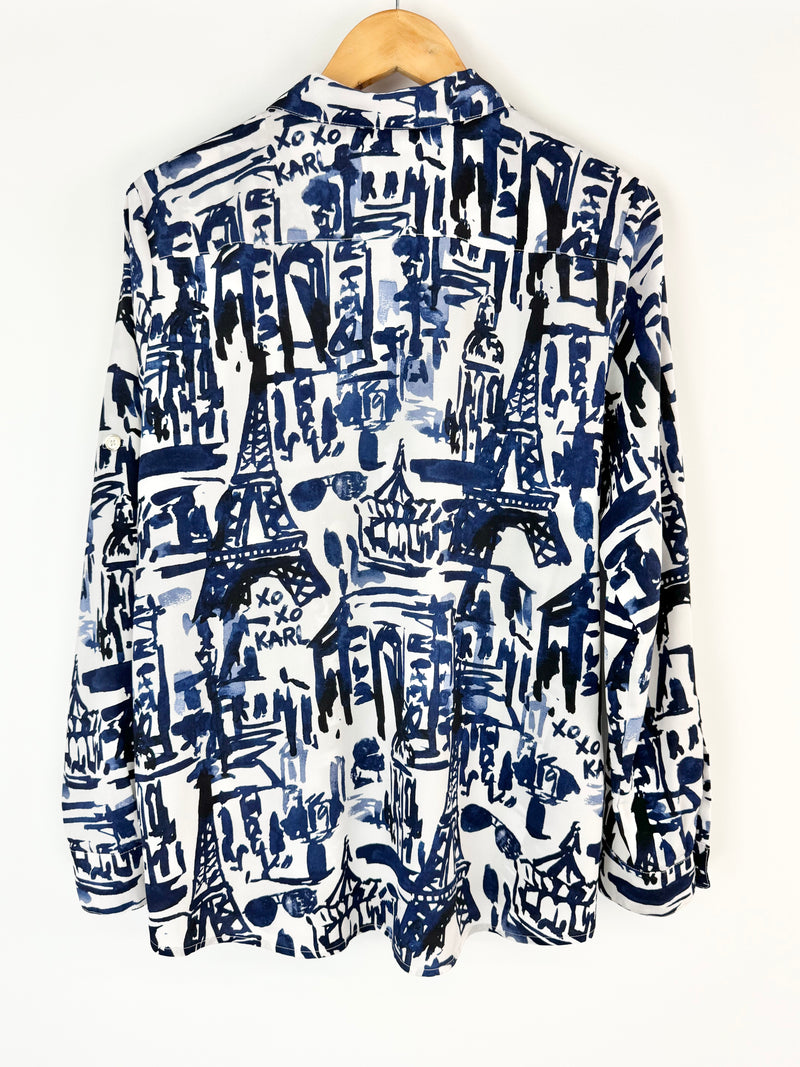 Karl Lagerfeld Blue & White Watercolour Illustrated Blouse - AU10/12