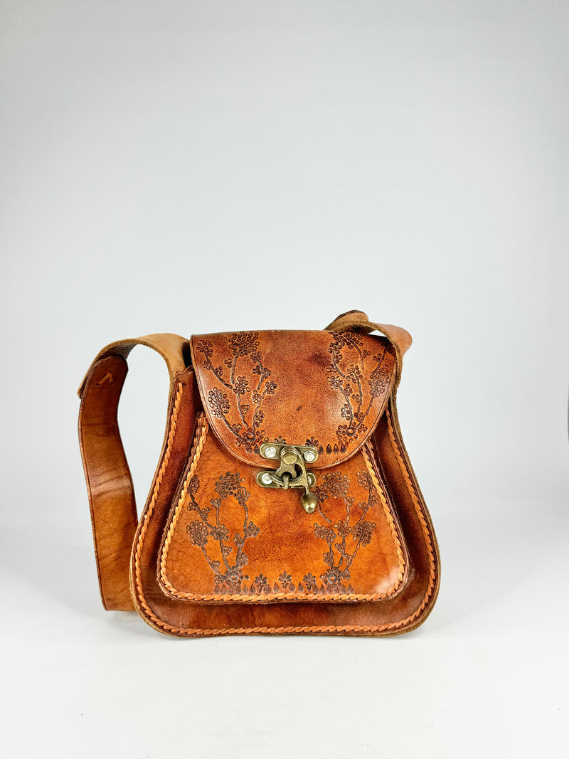 Hand Made Tan Cherry Blossom Stamped Leather Cross Body Bag