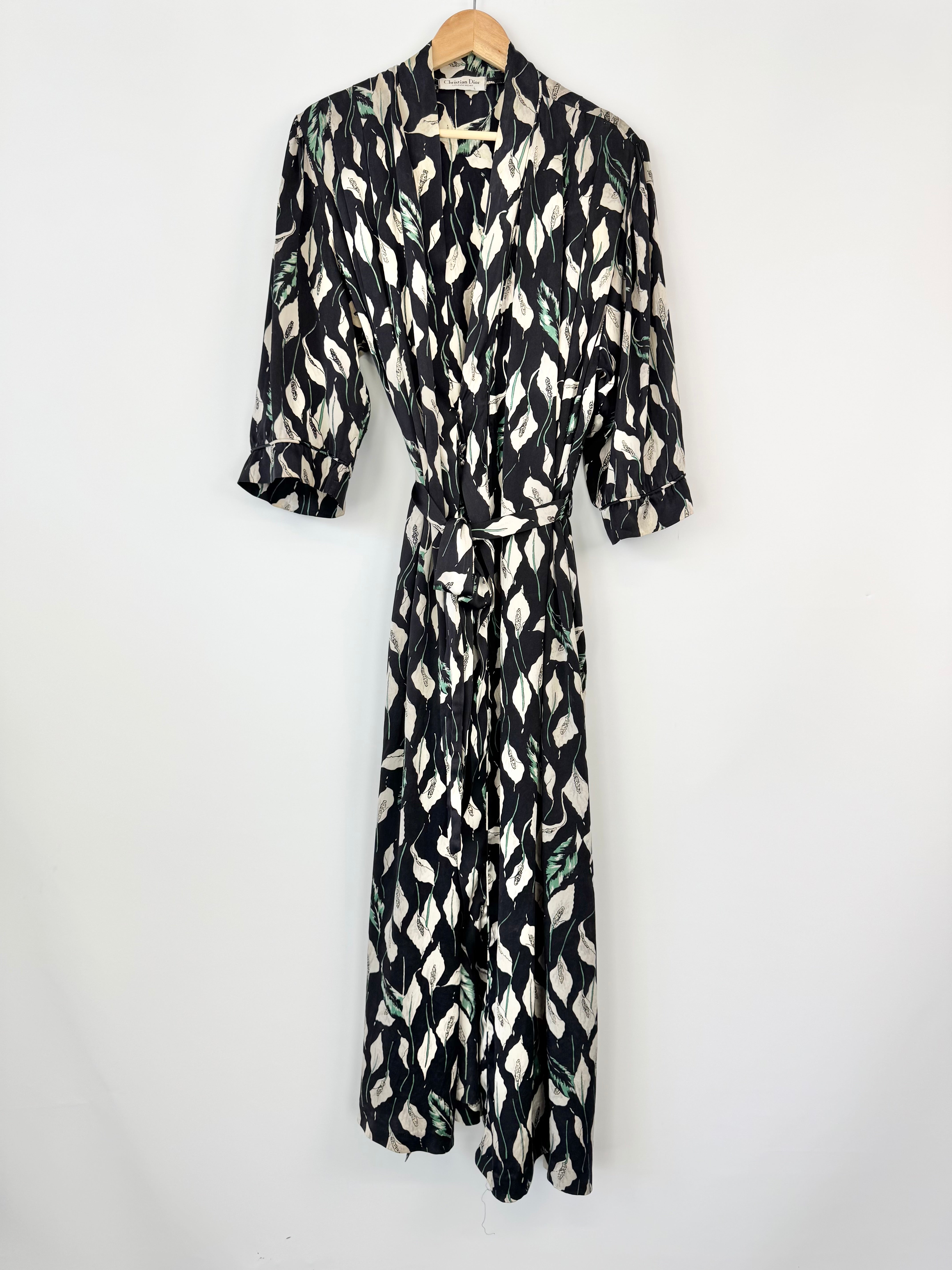 Christian Dior Loungewear Black Lily Patterned Silk Dressing Gown - AU12/14