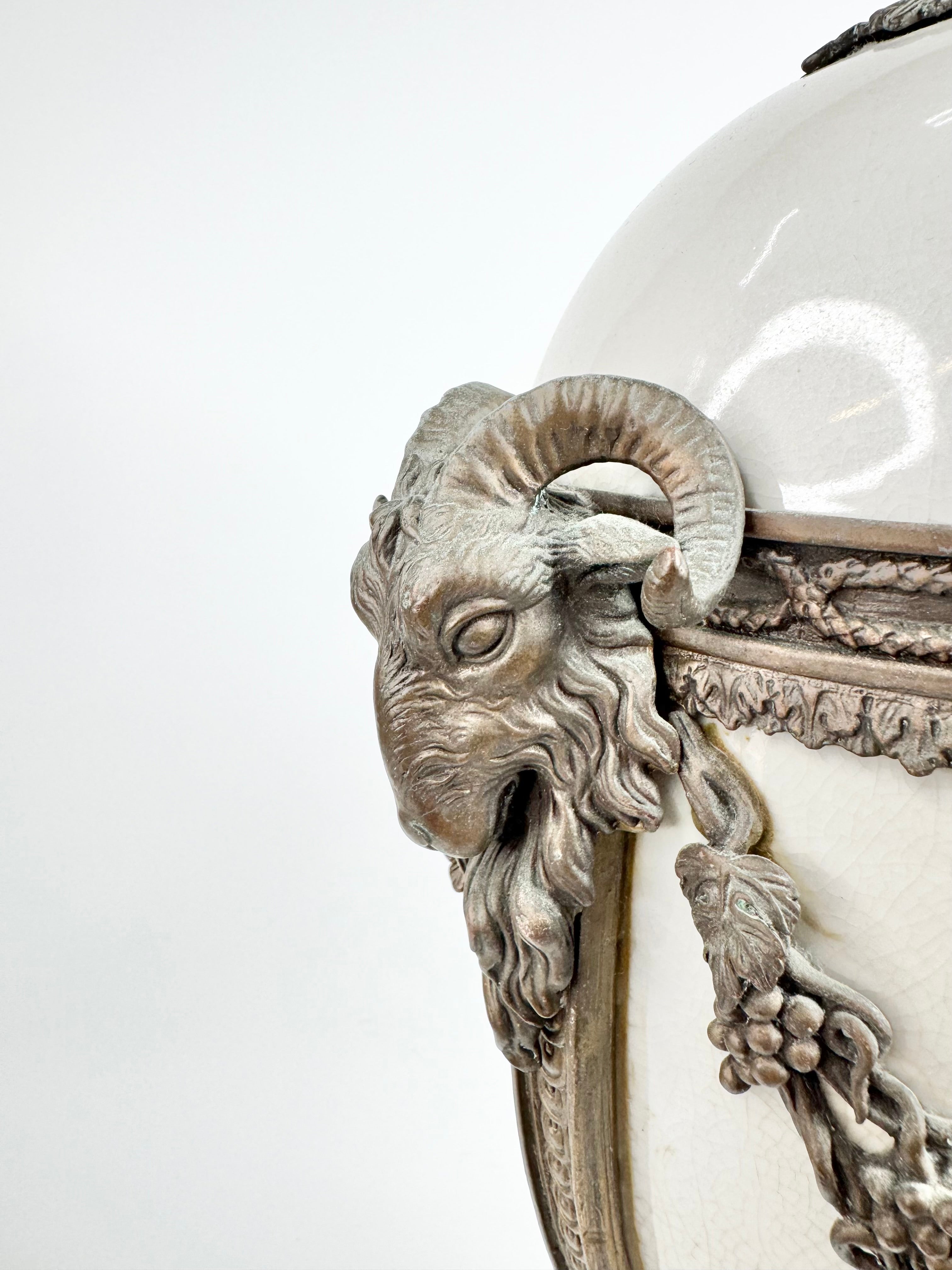 Vintage R.M. Hall Pty Ltd Neoclassical Goat Head Urn with Crackle Glaze Finish