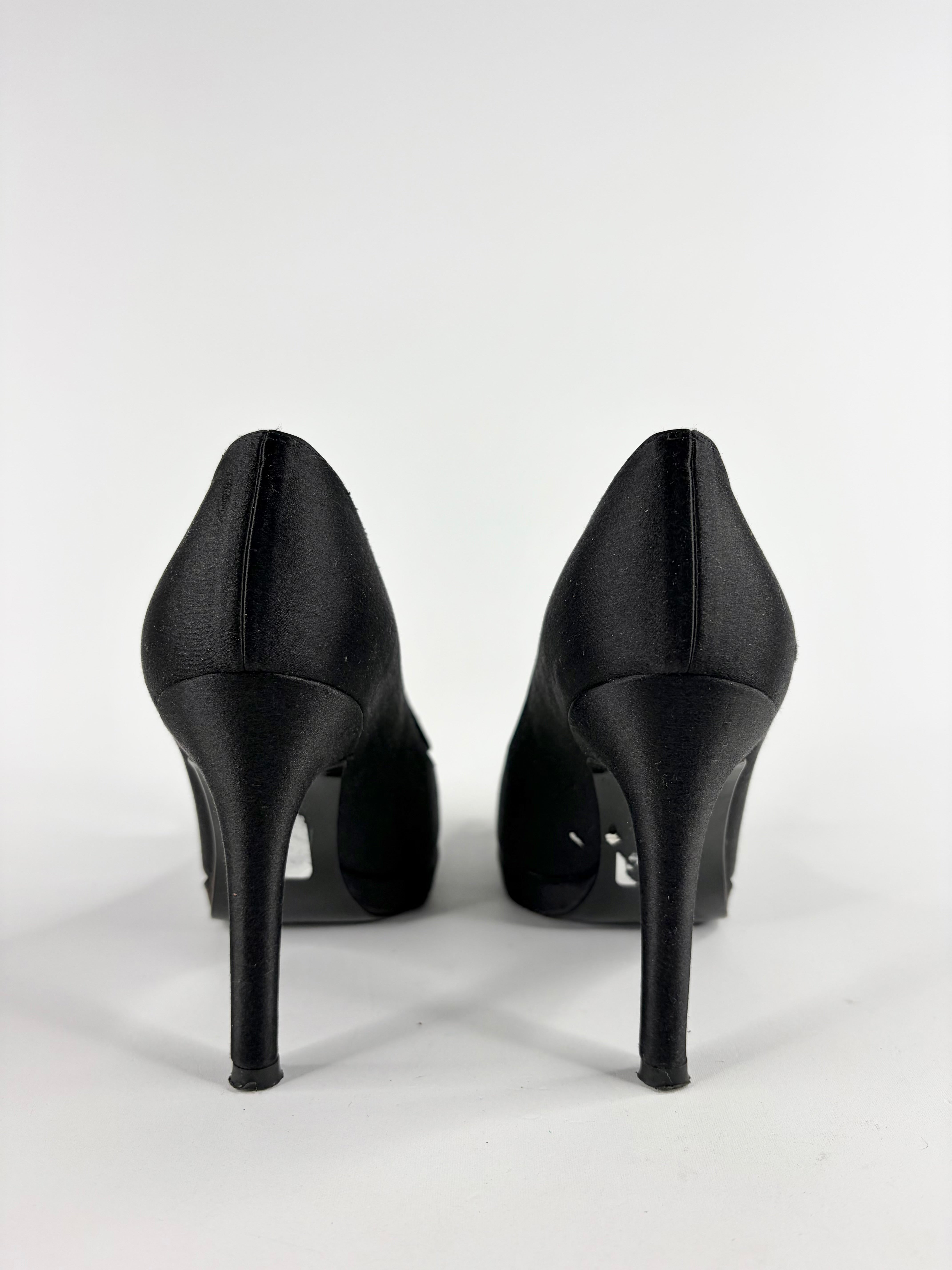 Stuart Weitzman Satin Peep Toe Crystal Flourish Heels - EU35