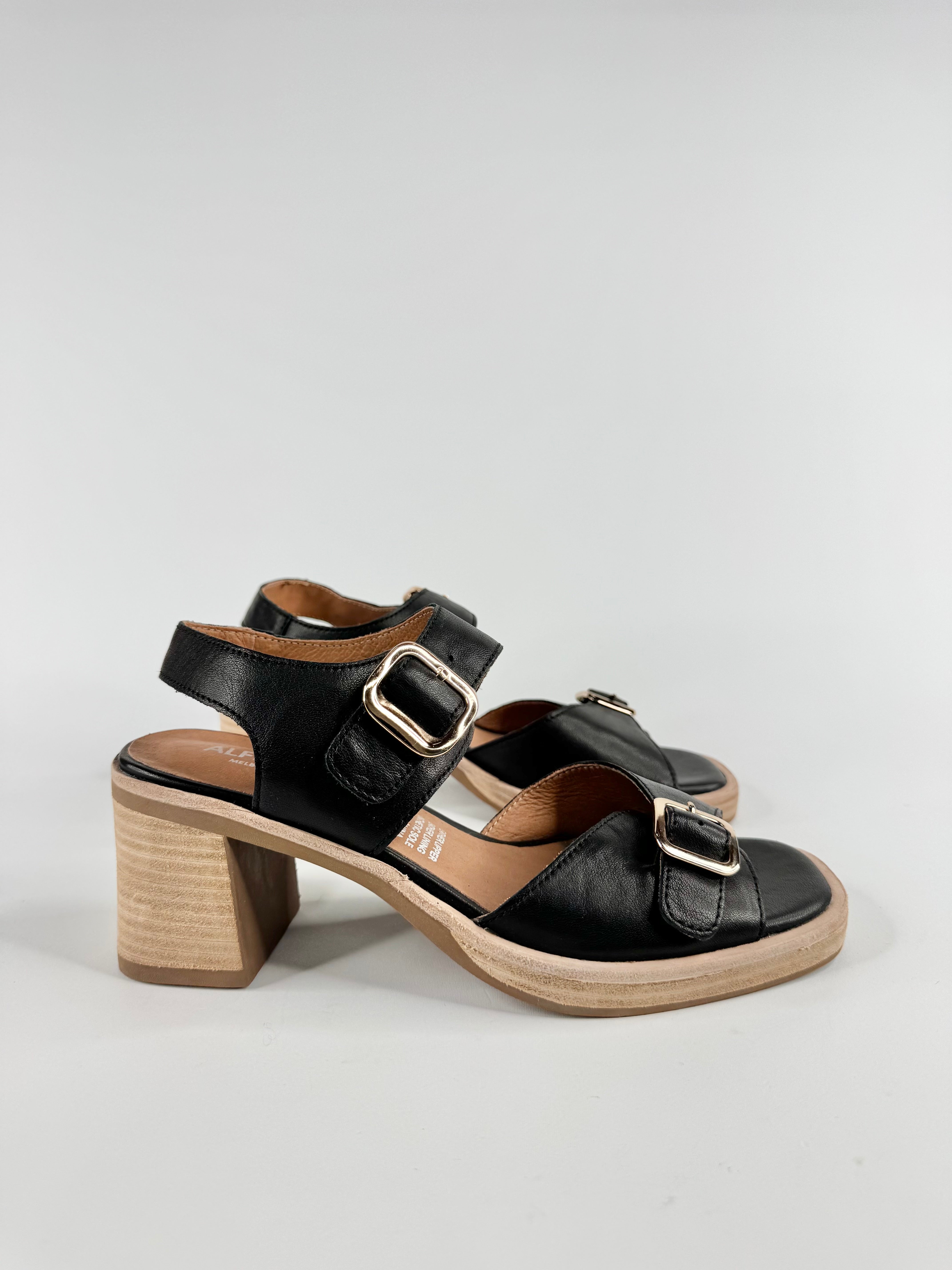 Alfie & Evie Black Gold Buckle Block Heels - EU37