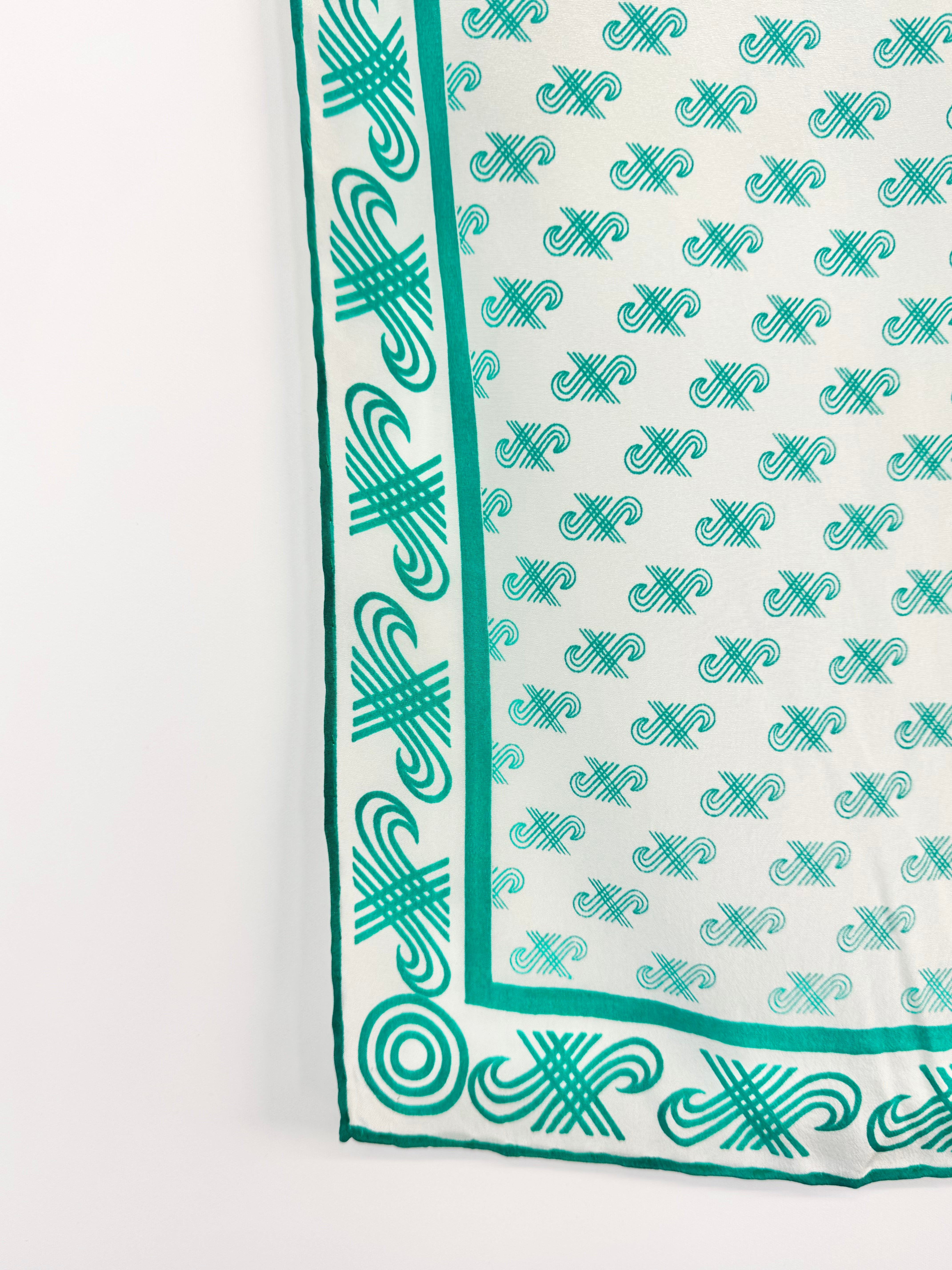 Vintage Jaeger White & Teal Swirled Motif Silk Scarf