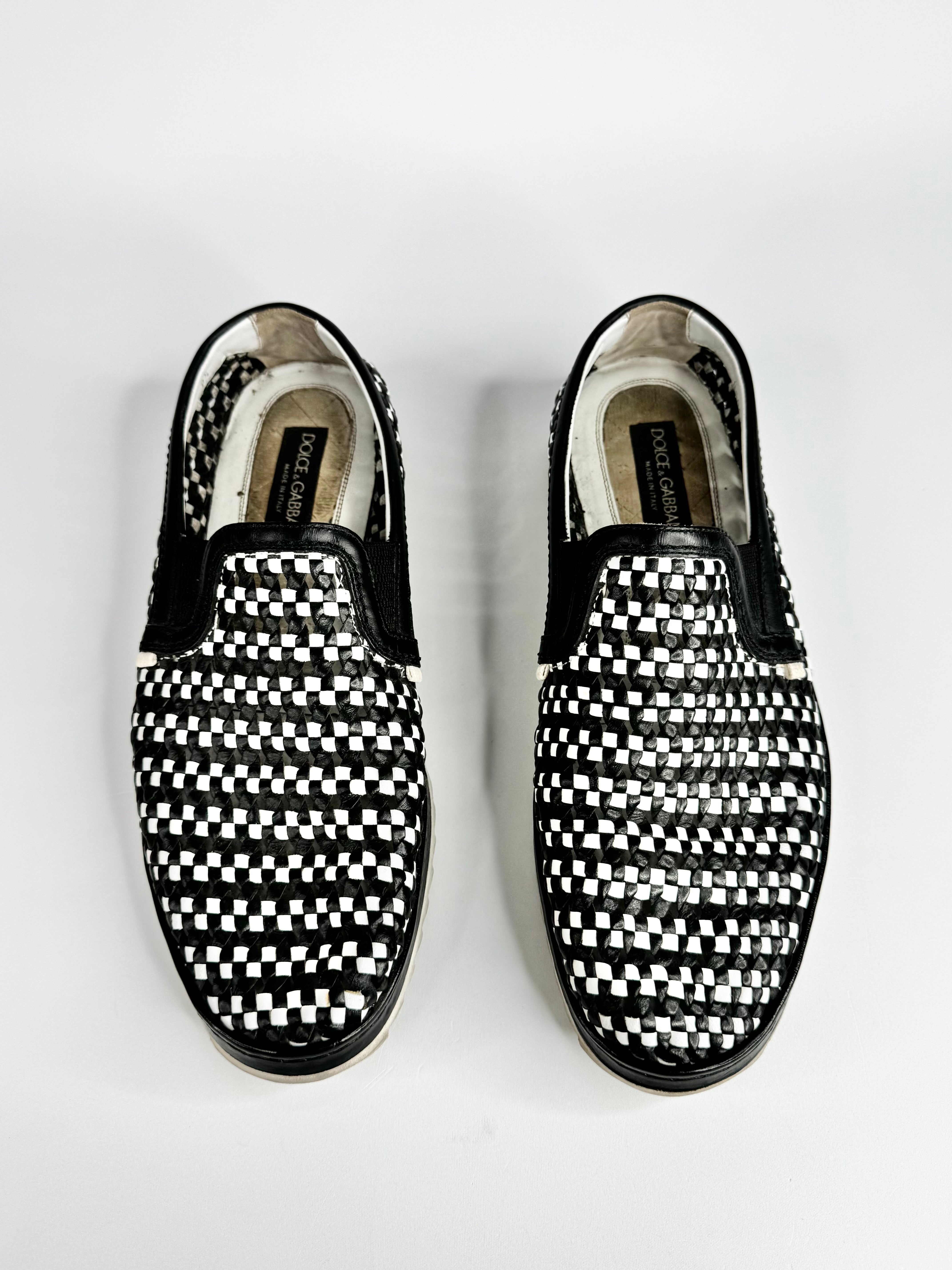 Dolce & Gabbana Black White Weaved Slip On Loafers - EU42