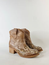 Atelier Deep Tan Stud & Rhinestone Embossed Ankle Boots - EU37