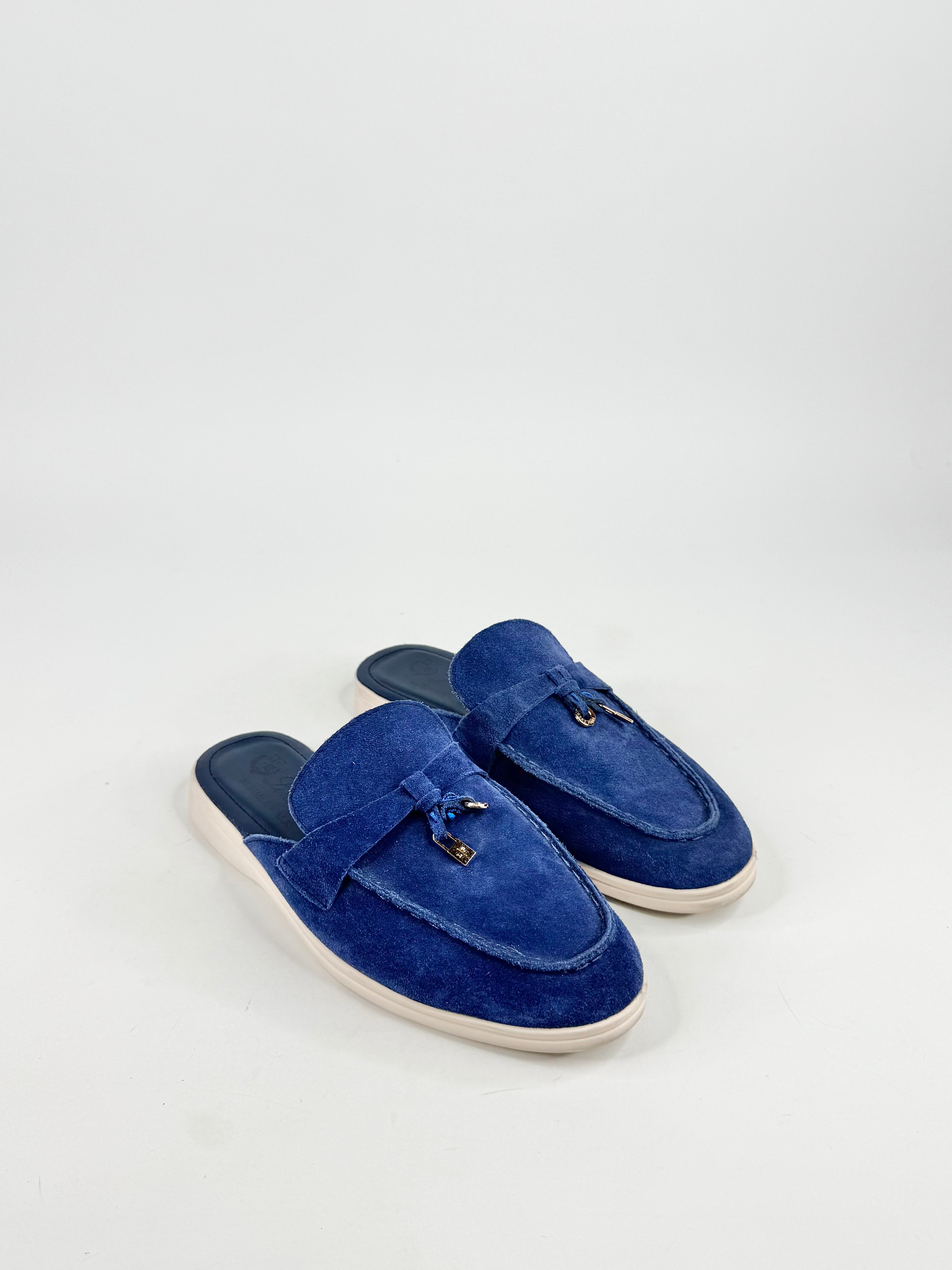 Loro Piana Blue Suede Babouche Charm Embellished Mules - EU38