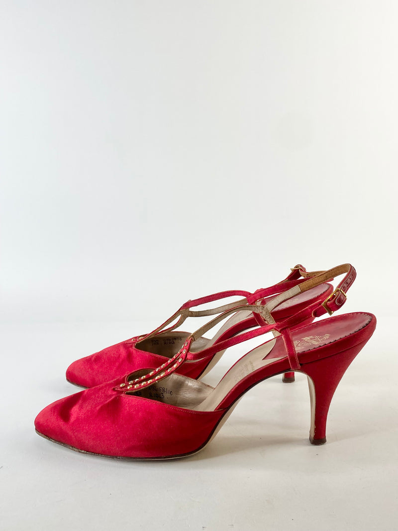 Vintage Blood Red Jewel Studded Stilettos - EU37/38