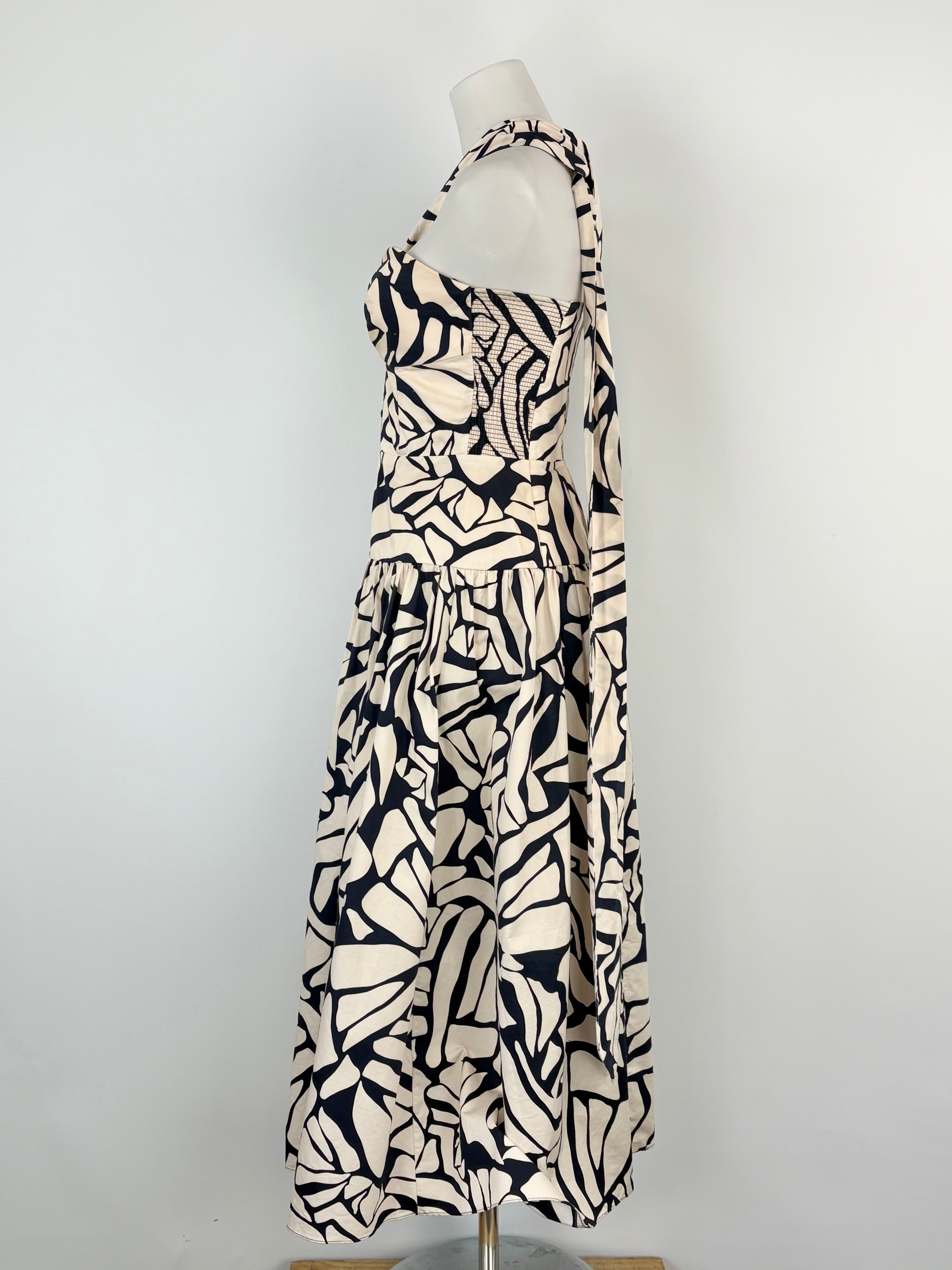 Husk Black & Beige Abstract Print Crisp-Cotton Strapless Dress - AU8