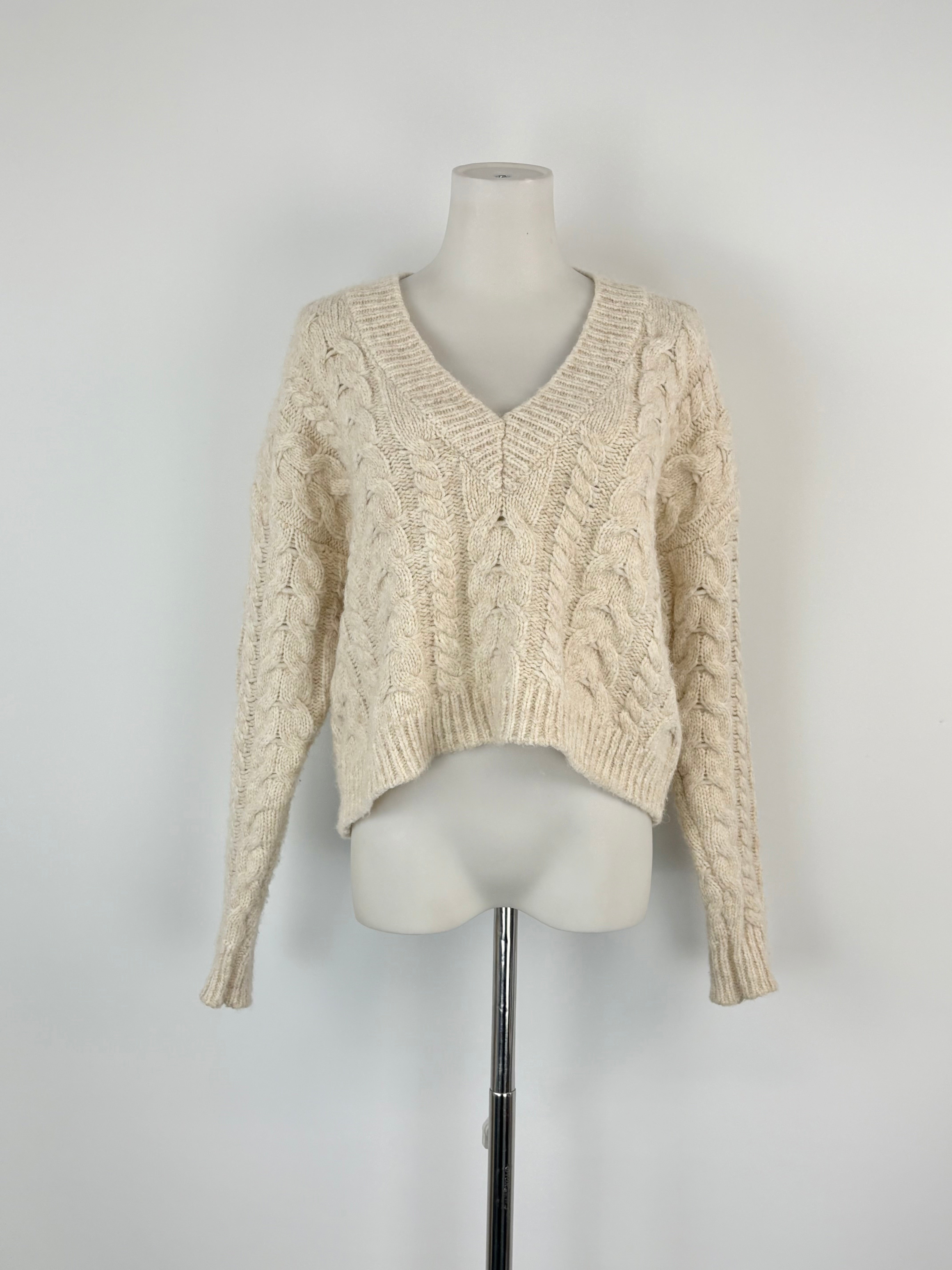 Husk Cable Knit Cream Alpaca & Wool Blend Cropped Sweater - AU8