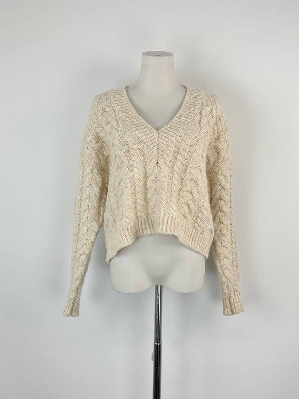 Husk Cable Knit Cream Alpaca & Wool Blend Cropped Sweater - AU8