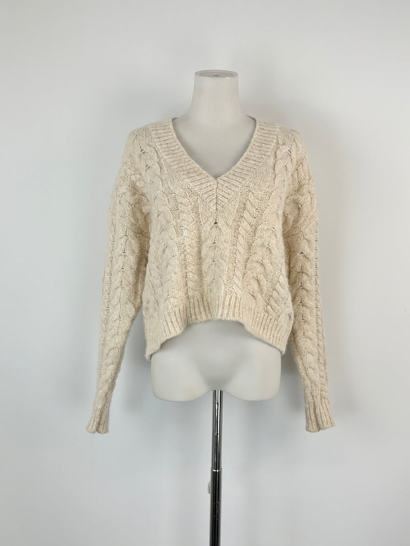 Husk Cable Knit Cream Alpaca & Wool Blend Cropped Sweater - AU8