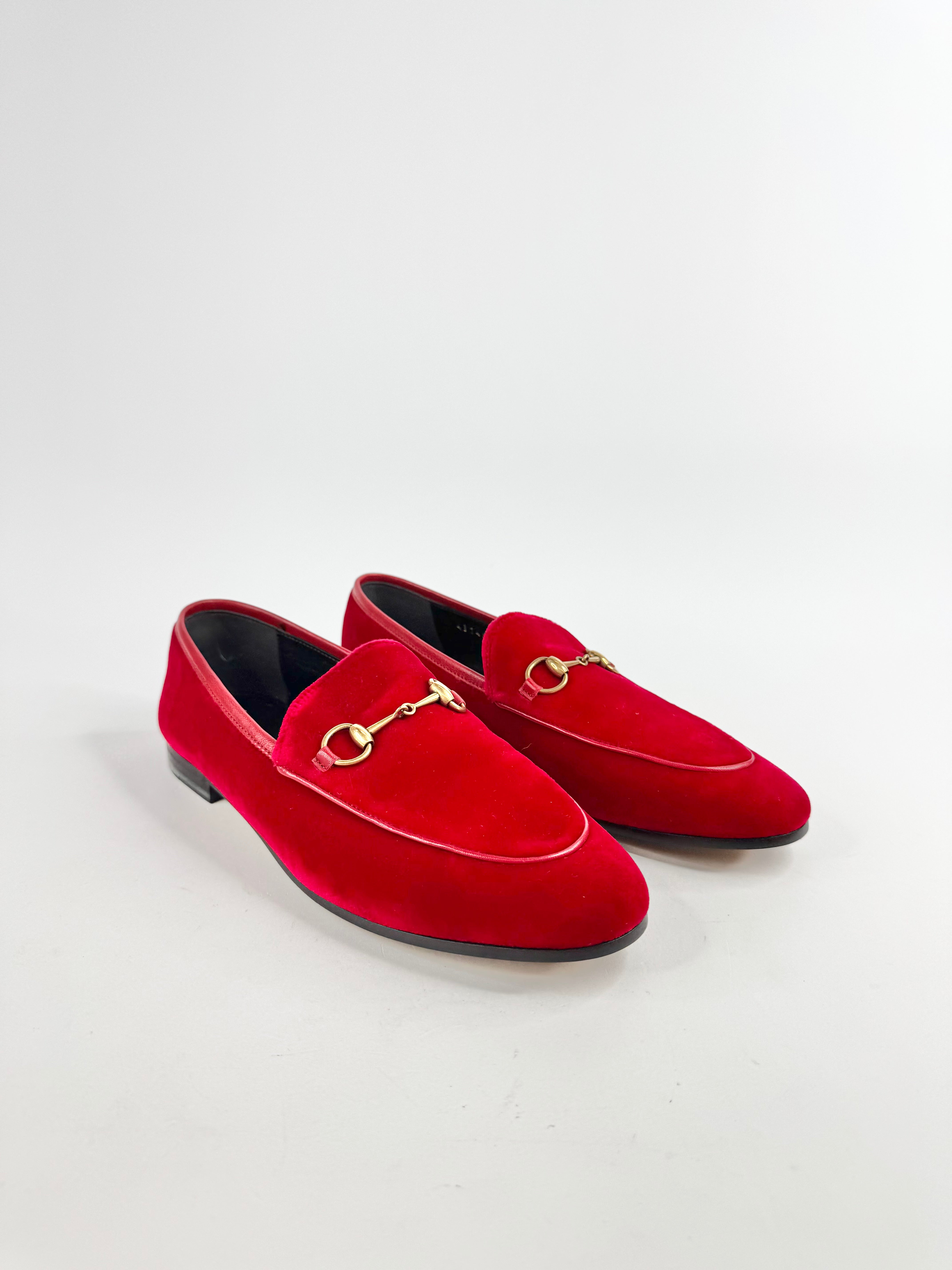 Gucci Red Velvet Horsebit Loafers - EU38.5