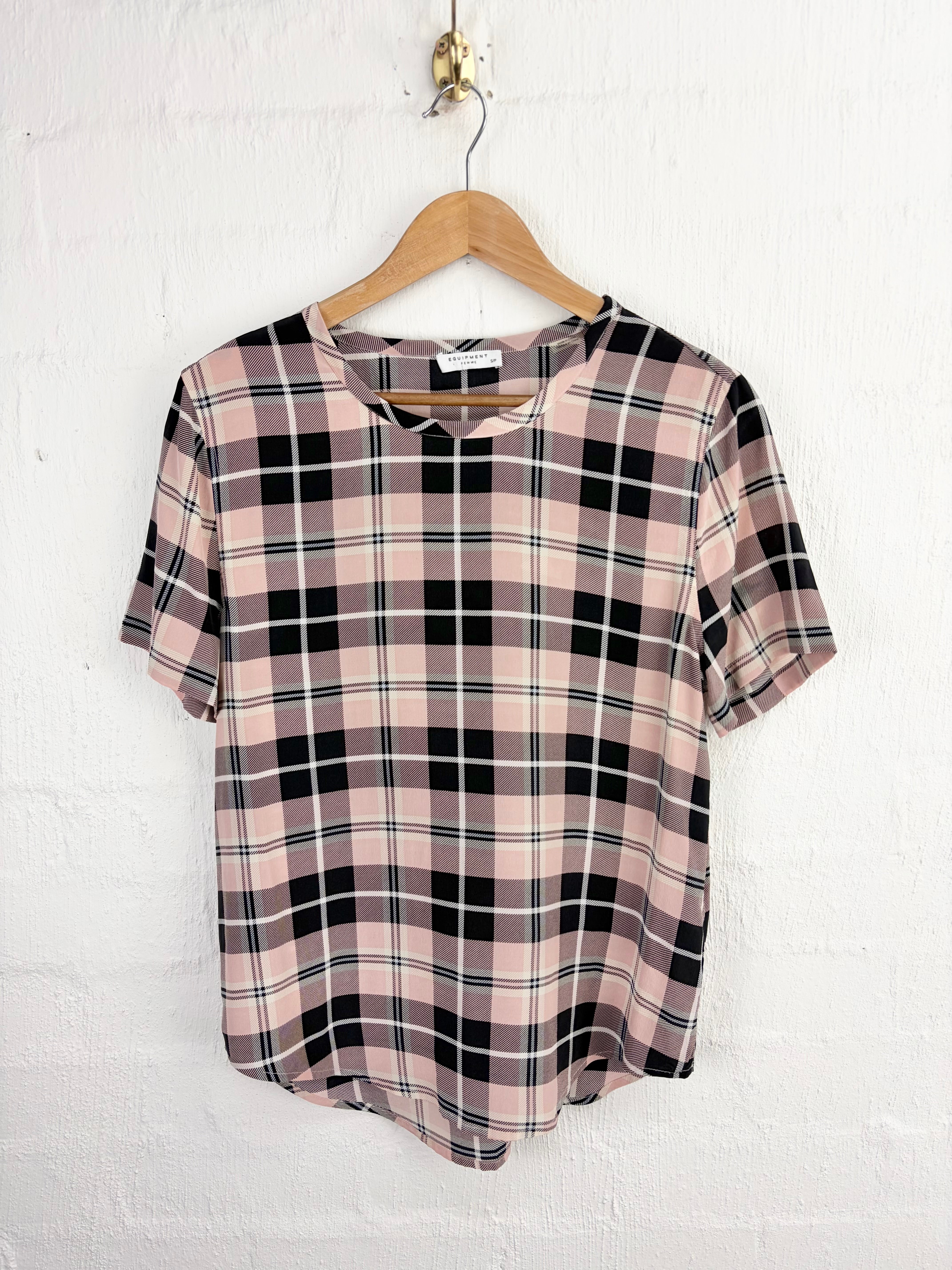 Equipment Femme Blush Pink, Black & White Plaid Silk Top - AU8/10
