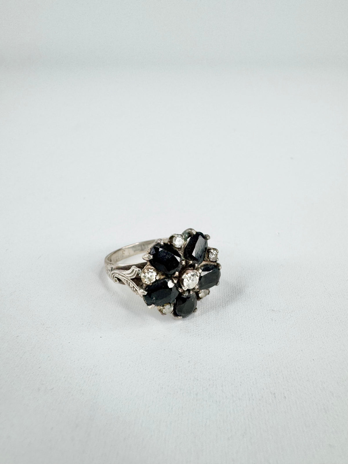 Vintage Silver Cubic Zirconia & Black Jewel Flower Ring