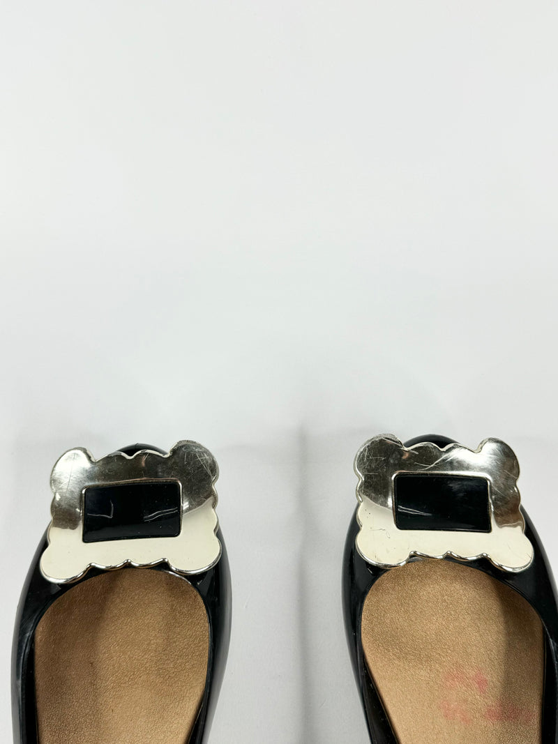 Vivienne Westwood x Melissa Black Silver Buckle Peep Toe Ballet Flats - EU38