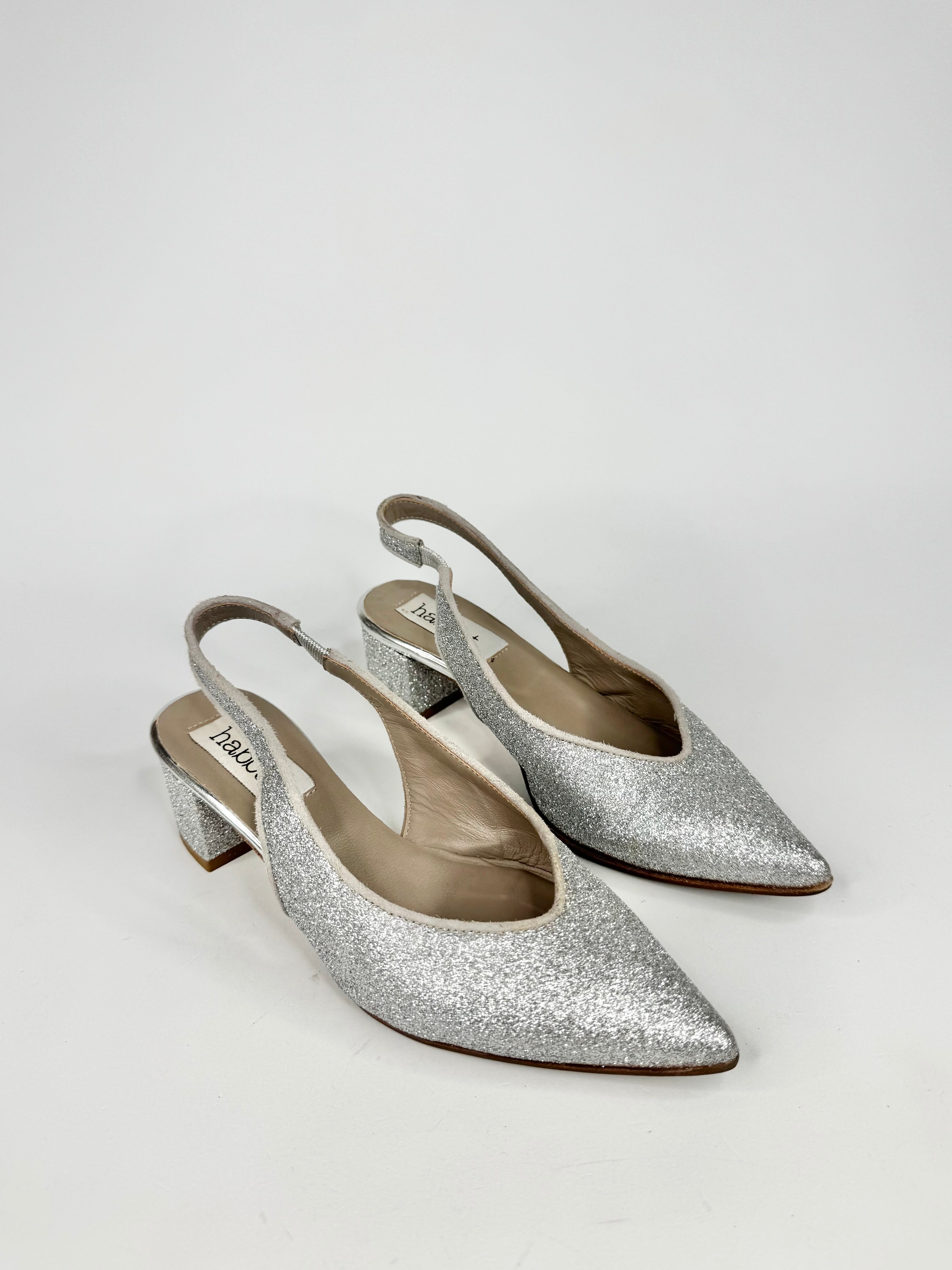 Habbot 'Gabba' Glittery Silver Sling Backs - EU35