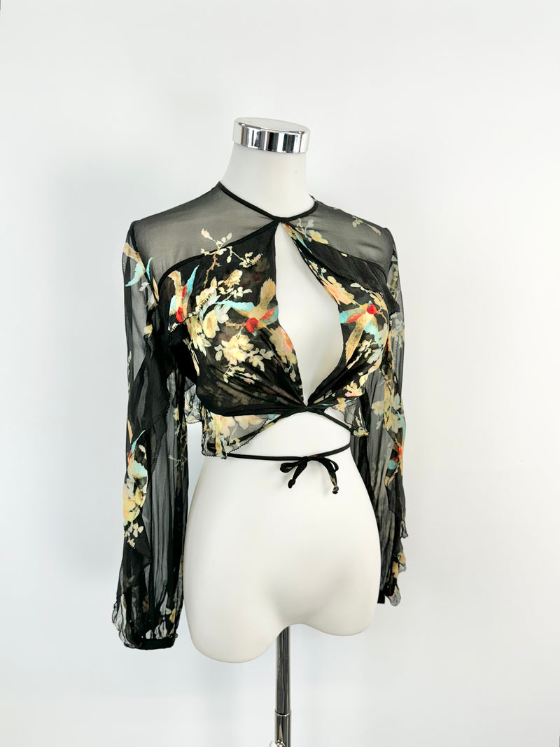 Zimmermann Sheer Black Floral Cropped Blouse - AU8/10