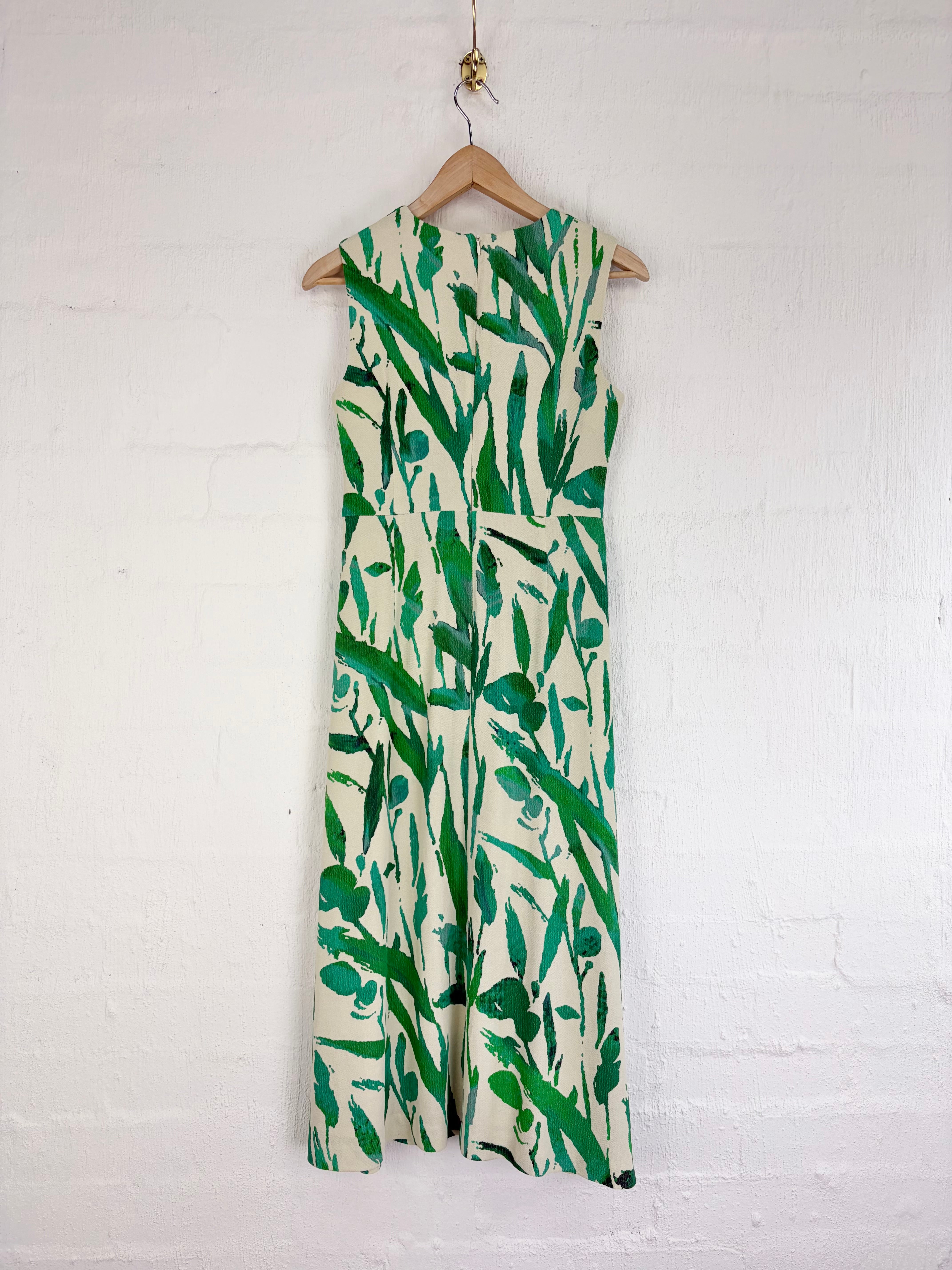 Anna Thomas Cream & Green Leaf Pattern Ramie Blend Dress - AU6/8