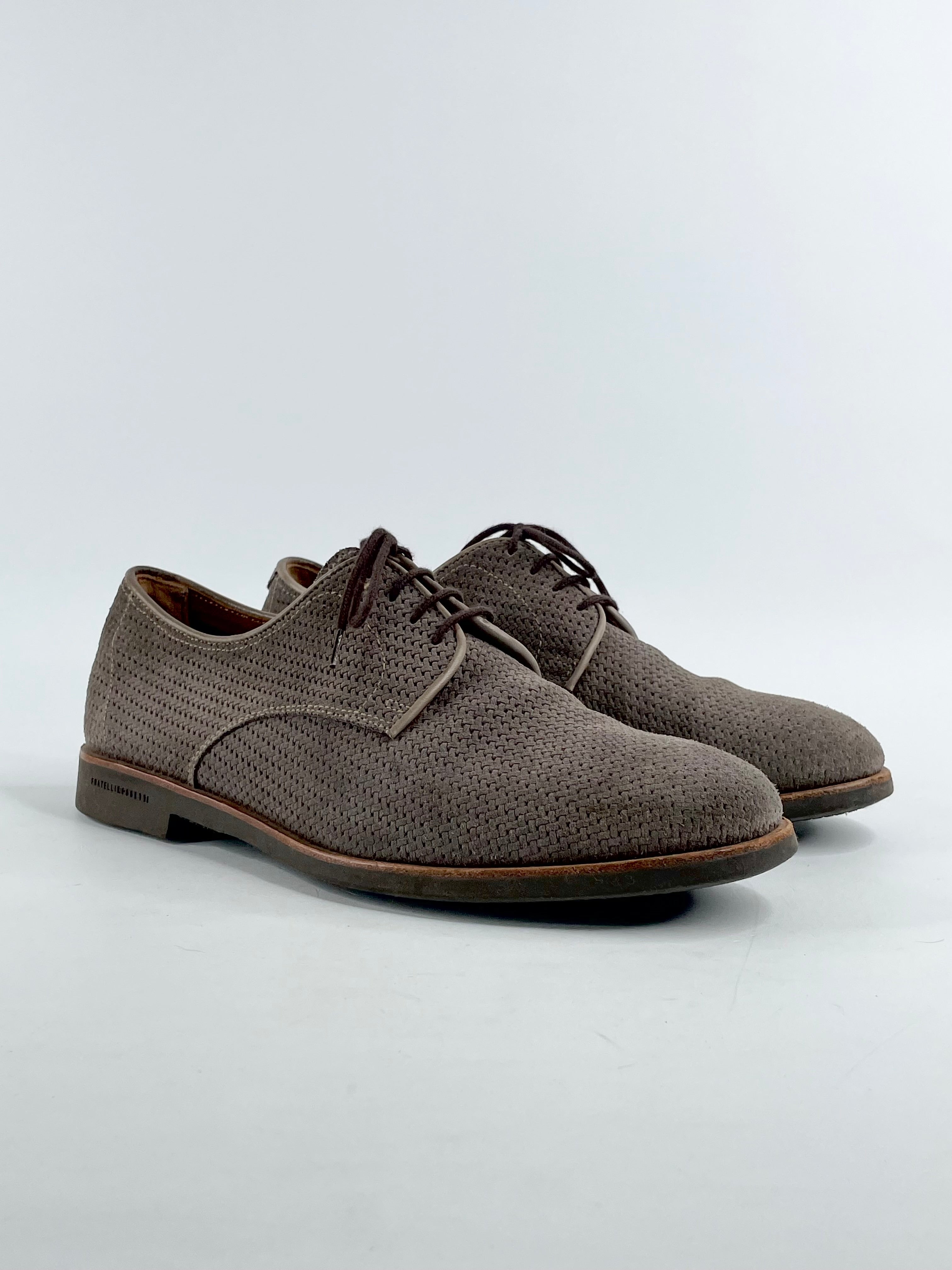 A pair of taupe Fratelli Rossetti woven suede lace-up shoes on a white background.