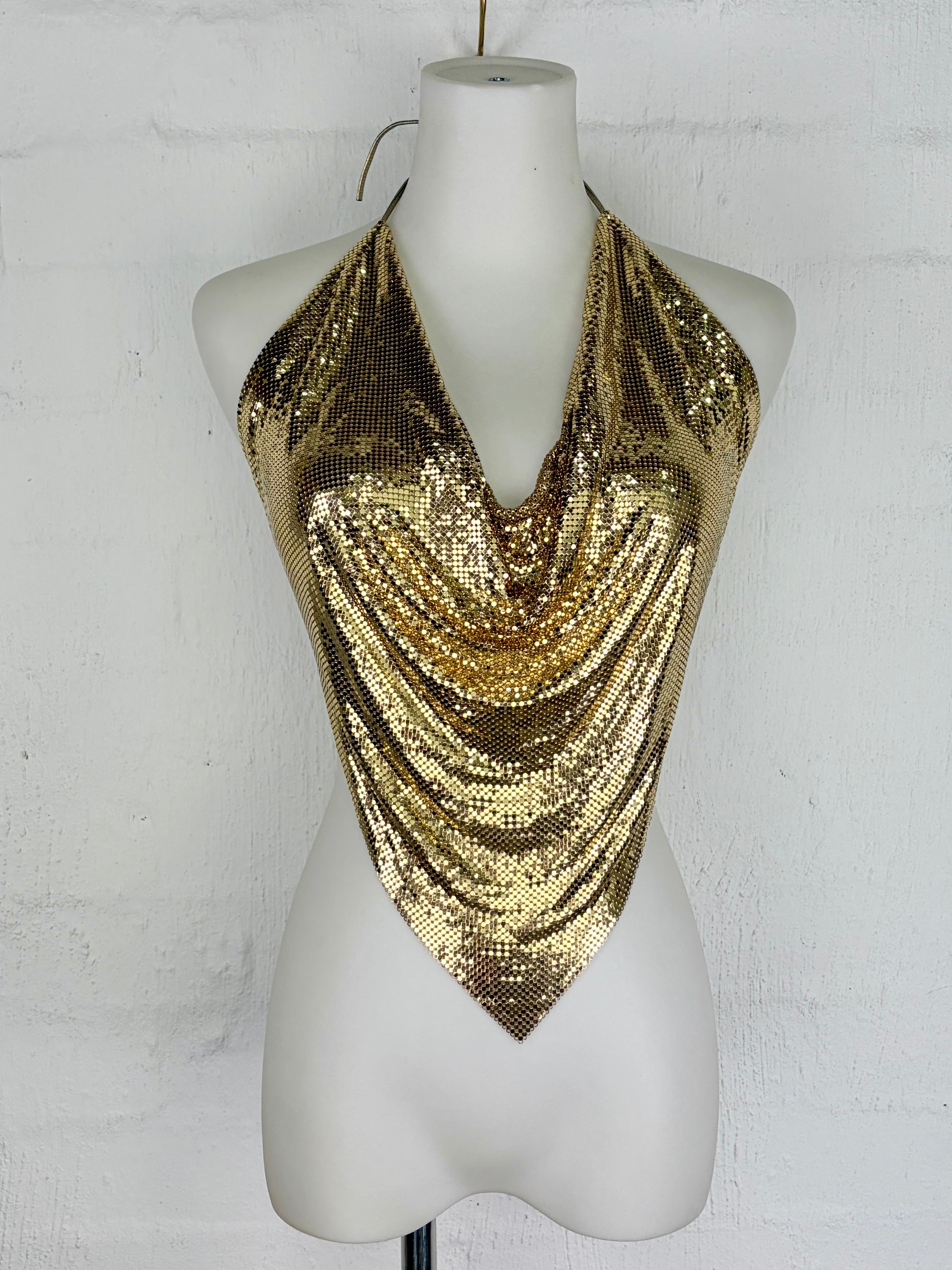 Vintage Gold Metal Mesh Backless Halter Neck Top - AU8