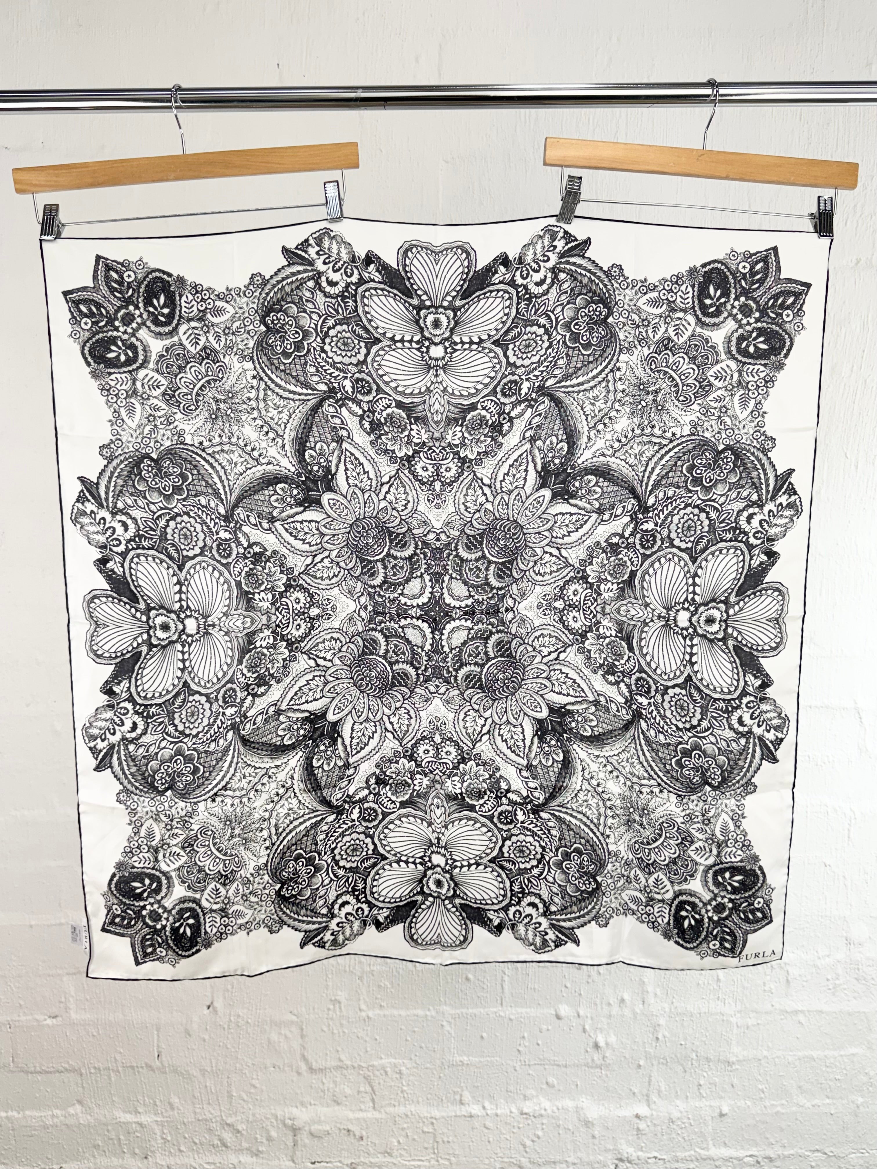 Furla Black & White Illustrated Hand-Rolled Square Silk Scarf