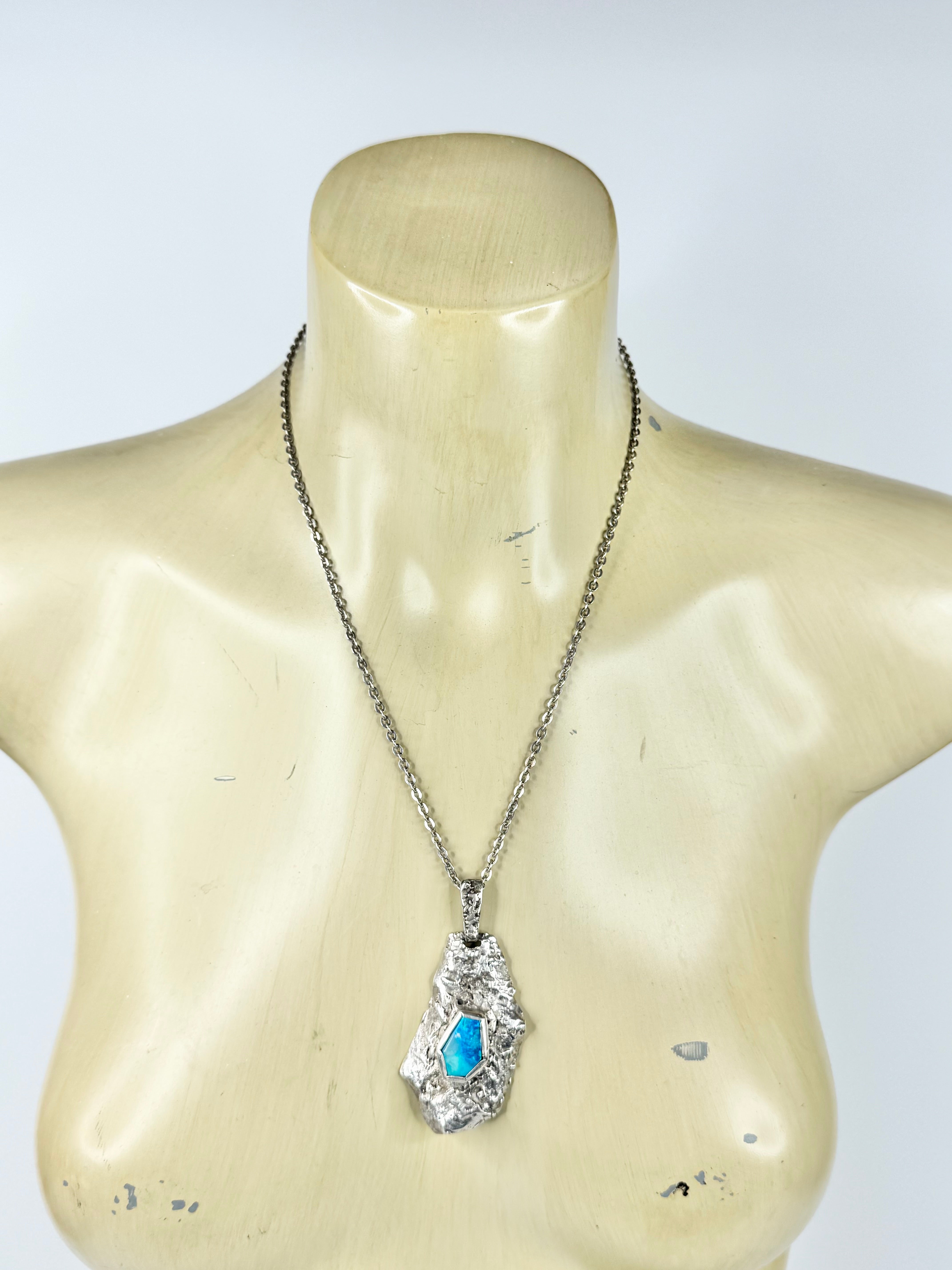 Hand Crafted Opal & Silver Textured Pendant & Chain