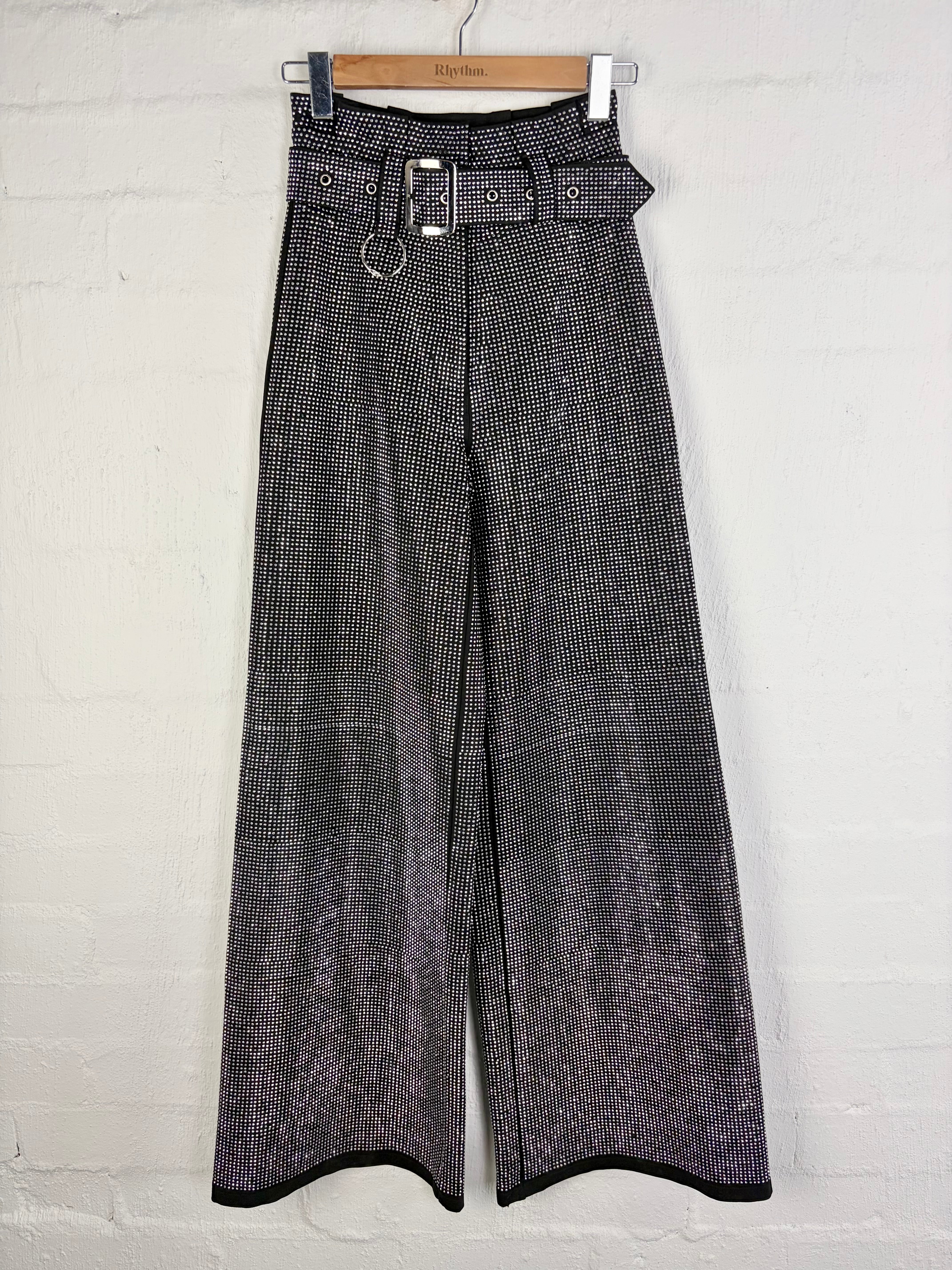 I.AM.GIA Black Rhinestone Embellished High Waisted Belted Slacks - AU6