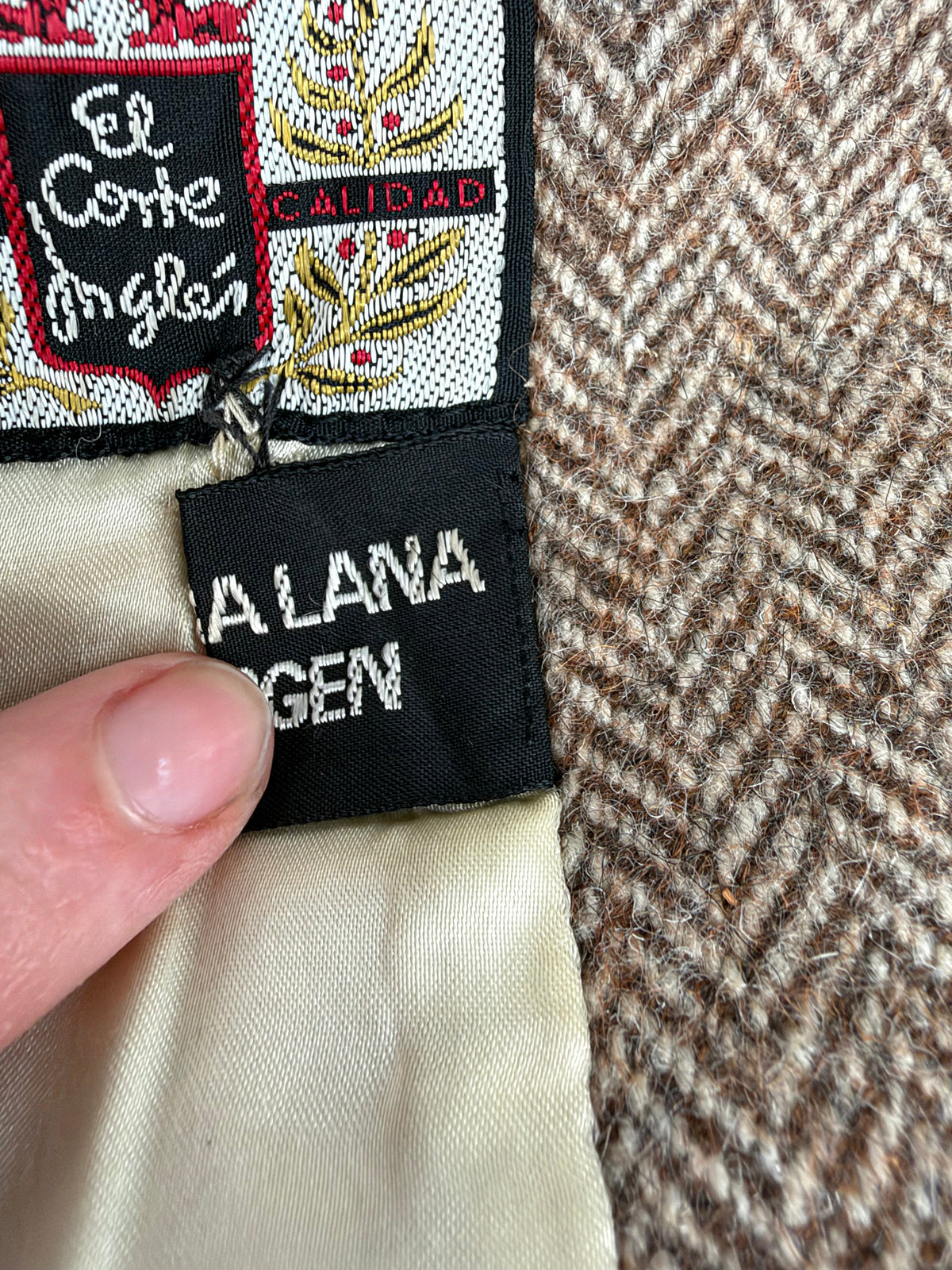 Vintage El Corte Inglés Tawny Herringbone Patterned Double Breasted Wool Coat - AU10/12