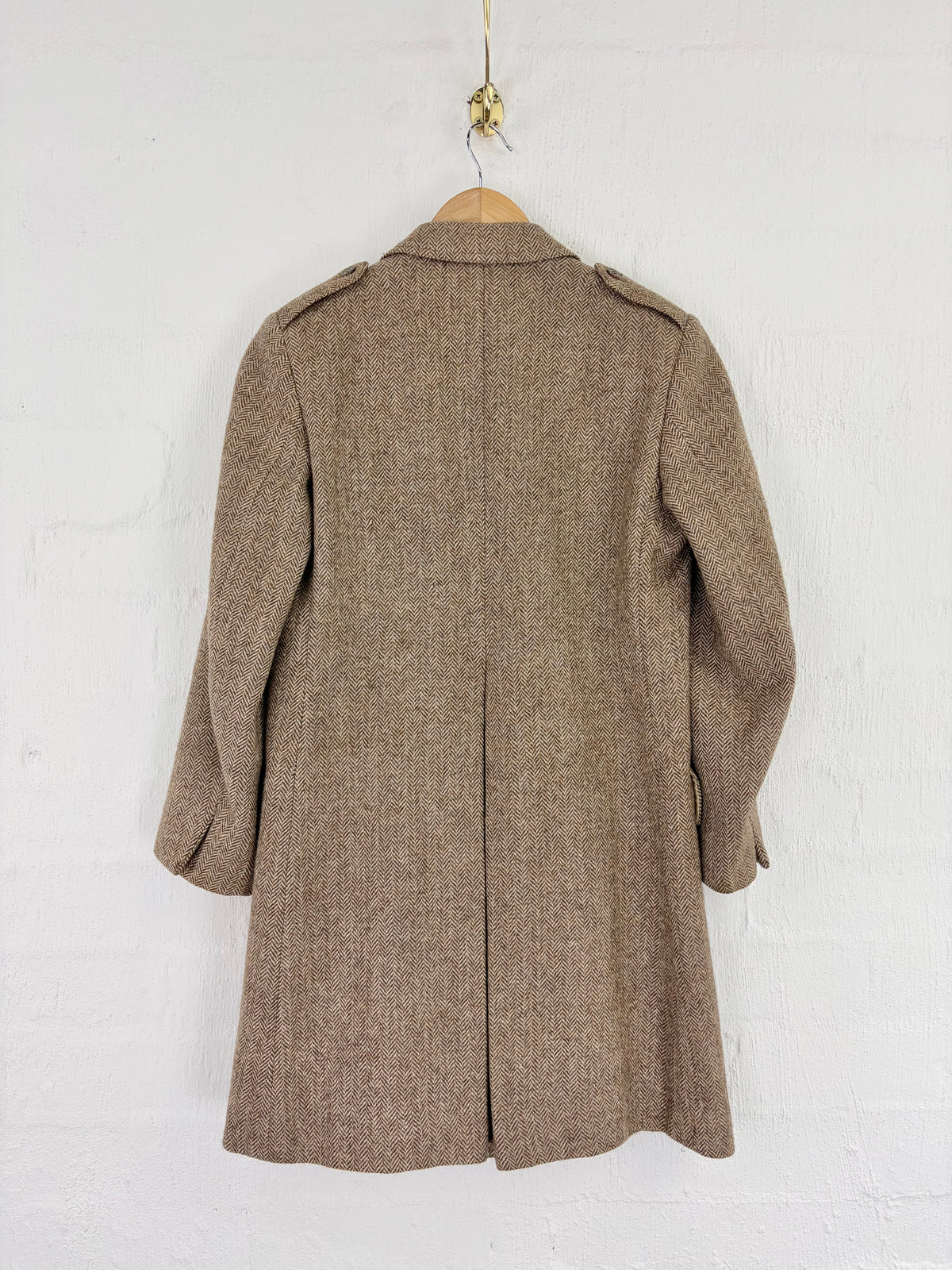 Vintage El Corte Inglés Tawny Herringbone Patterned Double Breasted Wool Coat - AU10/12