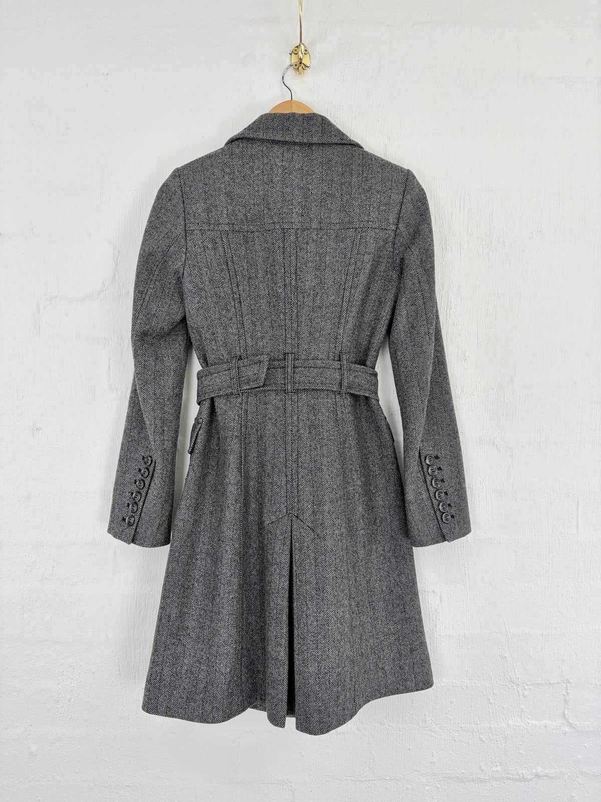 United Colours of Benetton Grey Herringbone Pattern Wool Blend Belted Coat - AU10