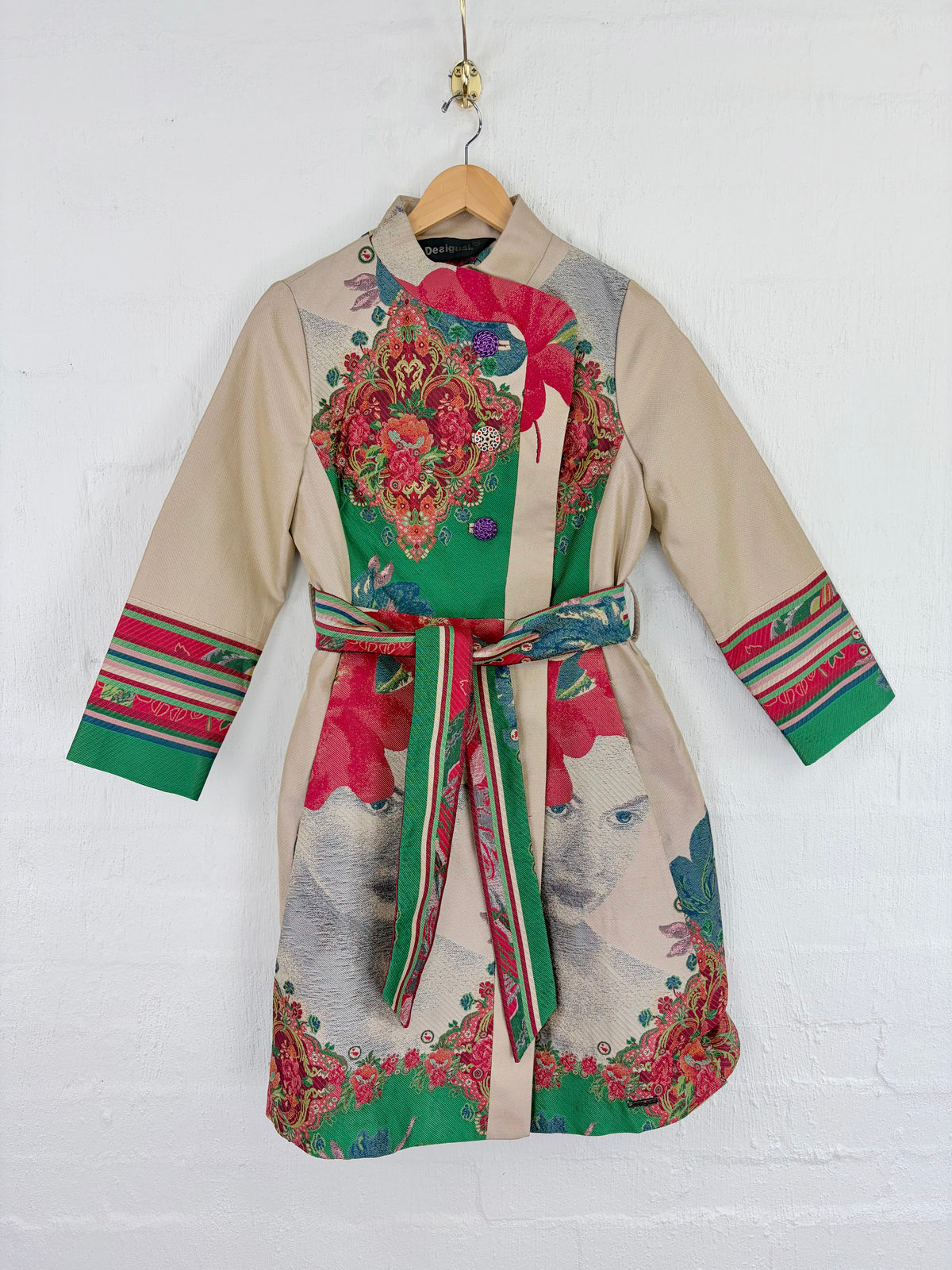 Desigual Ivory, Green and Red Patterned 'Natalia' Belted Coat - AU12/14