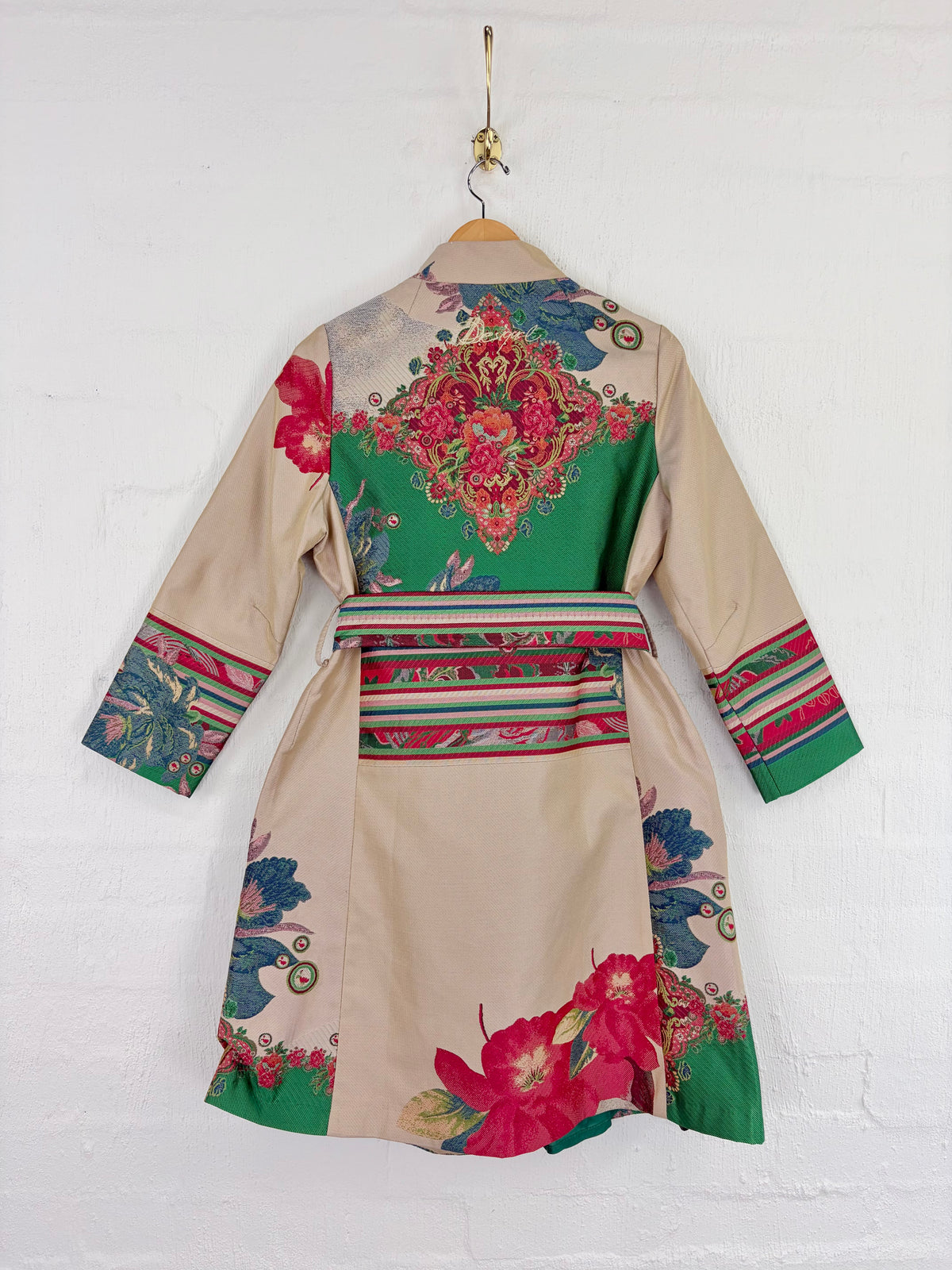 Desigual Ivory, Green and Red Patterned 'Natalia' Belted Coat - AU12/14