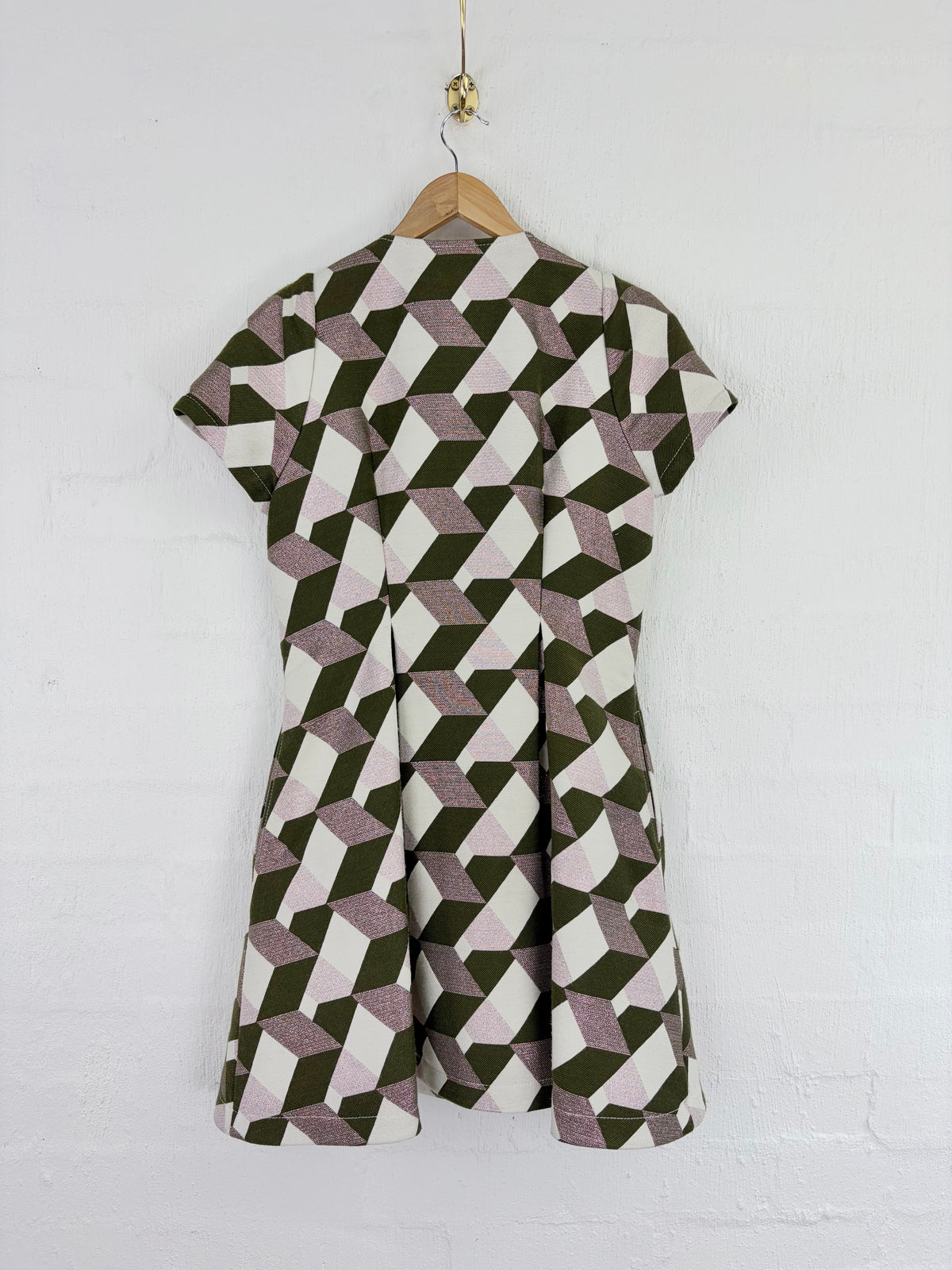 Karen Walker Green, White & Dusty Pink Cubist Pattern Mini Wrap Dress - AU10