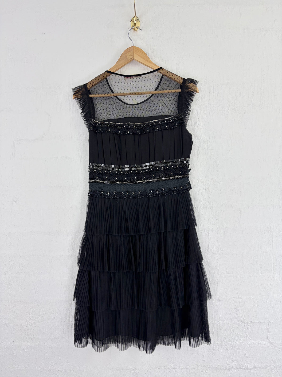 Alannah Hill Black Beaded Illusion Silhouette Tiered Cocktail Dress - AU10