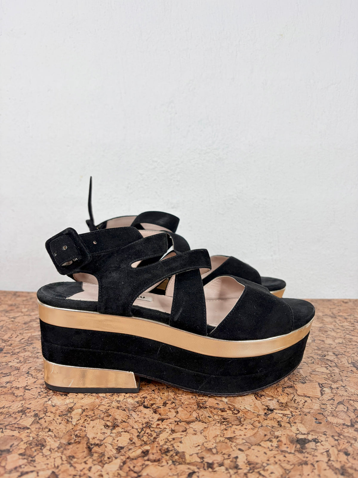 Miu Miu Black Suede & Gold Trim Platform - EU35