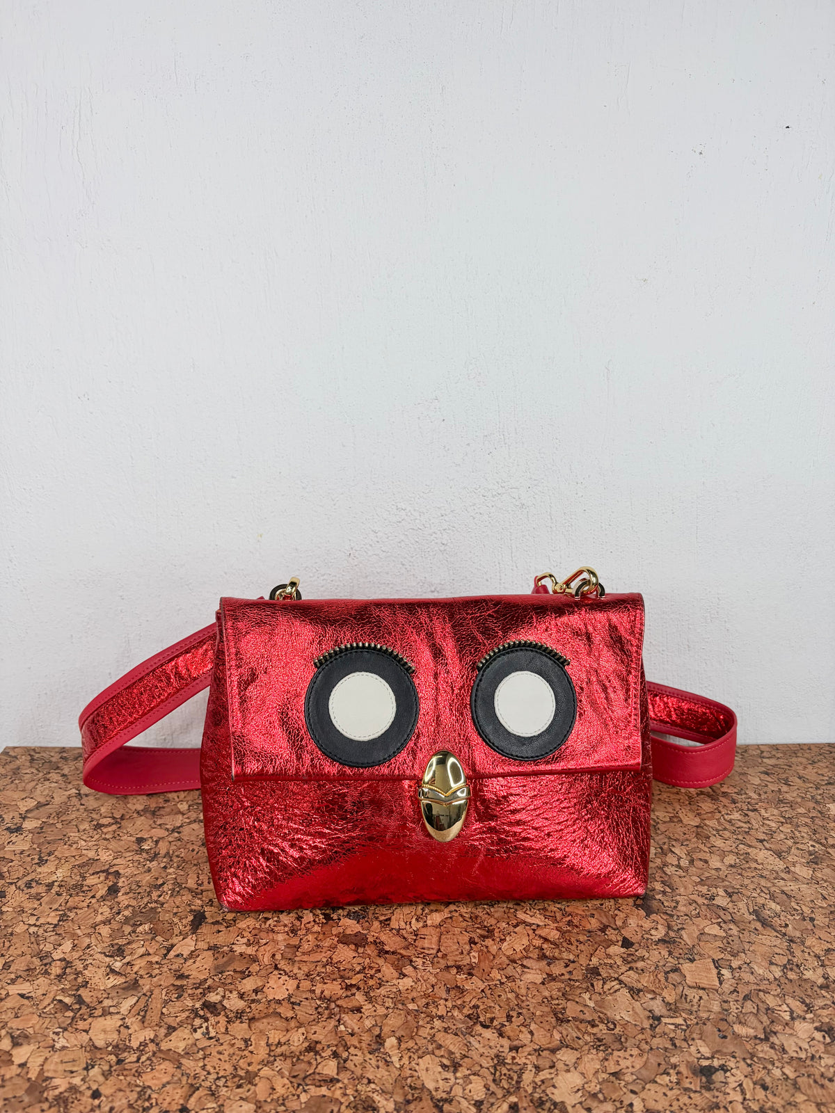 A-esque Red Rumpleteazer Metallic Leather Bird Cross Body Bag