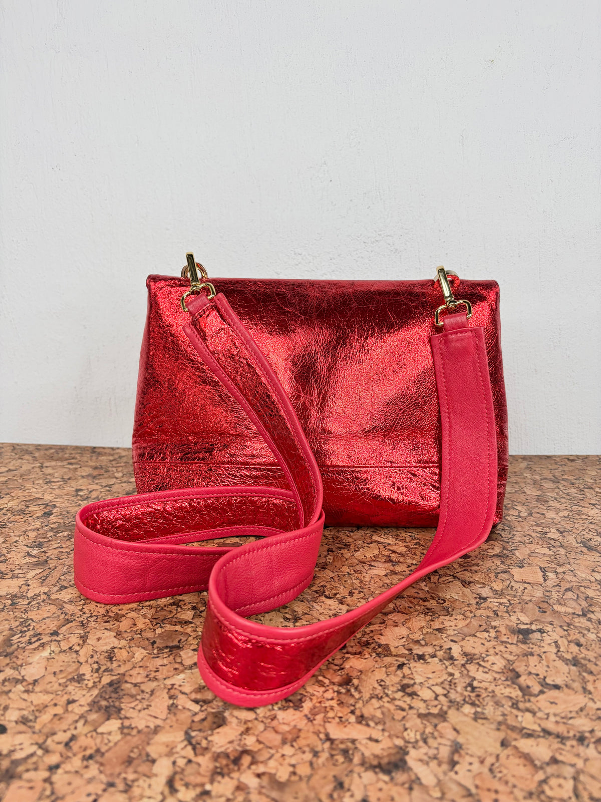 A-esque Red Rumpleteazer Metallic Leather Bird Cross Body Bag