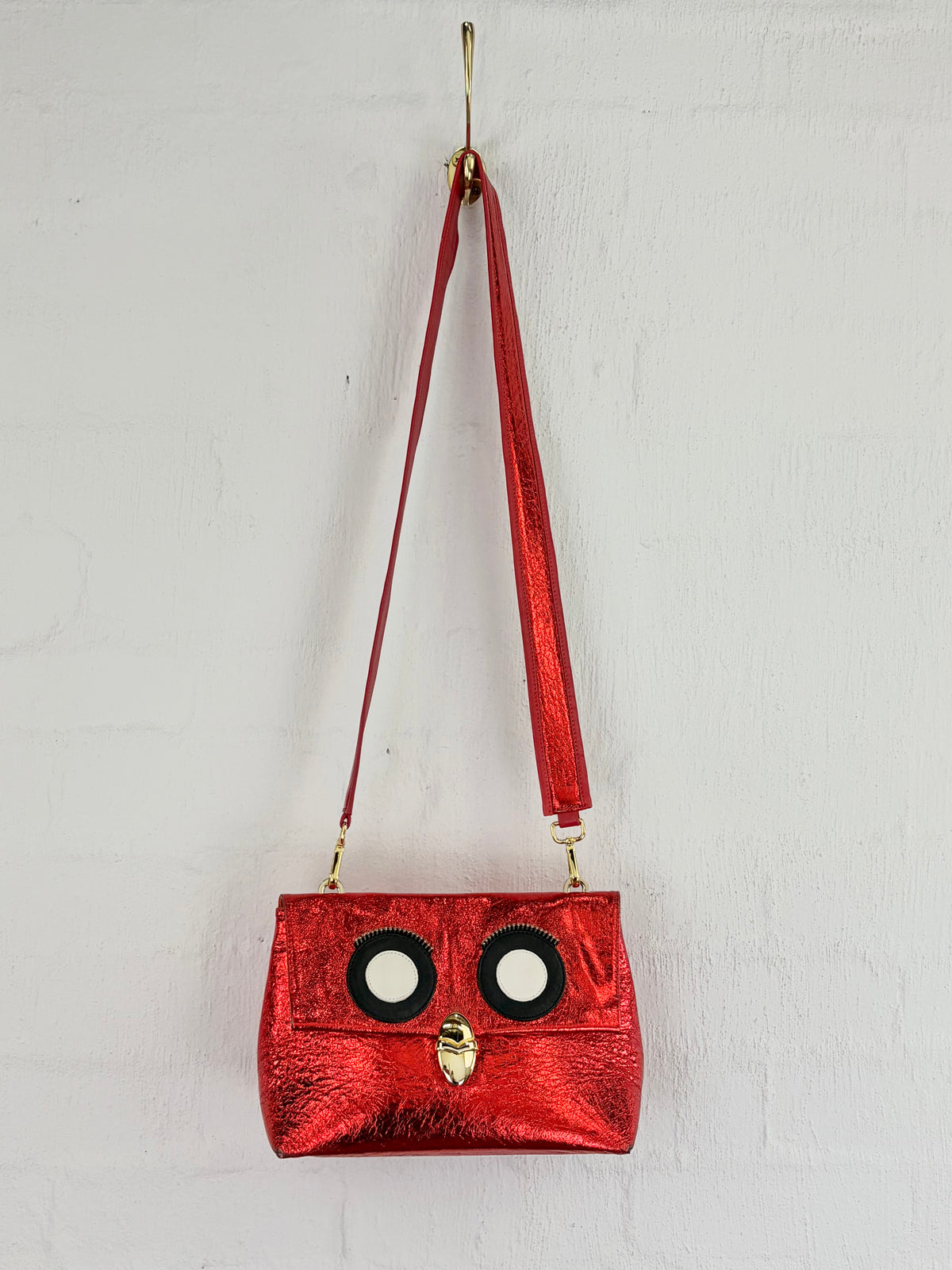 A-esque Red Rumpleteazer Metallic Leather Bird Cross Body Bag