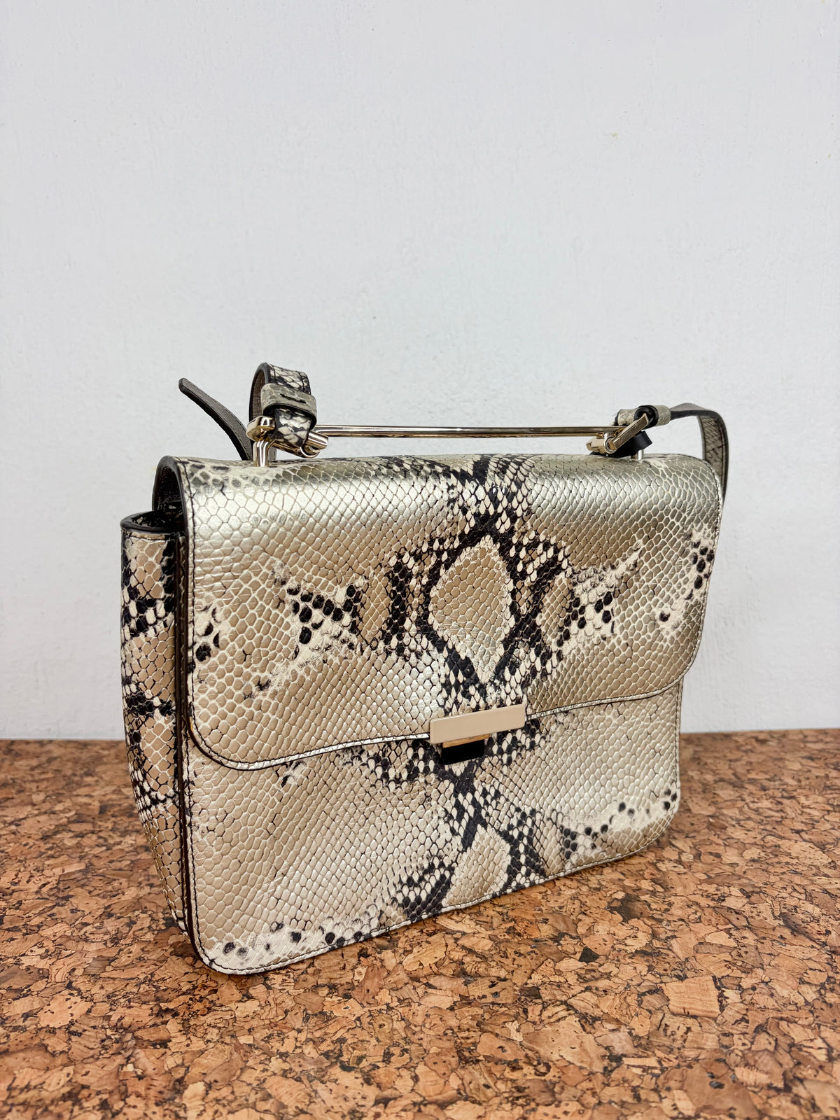 Furla Champagne Gold Metallic Snakeskin Pattern Cross Body Bag