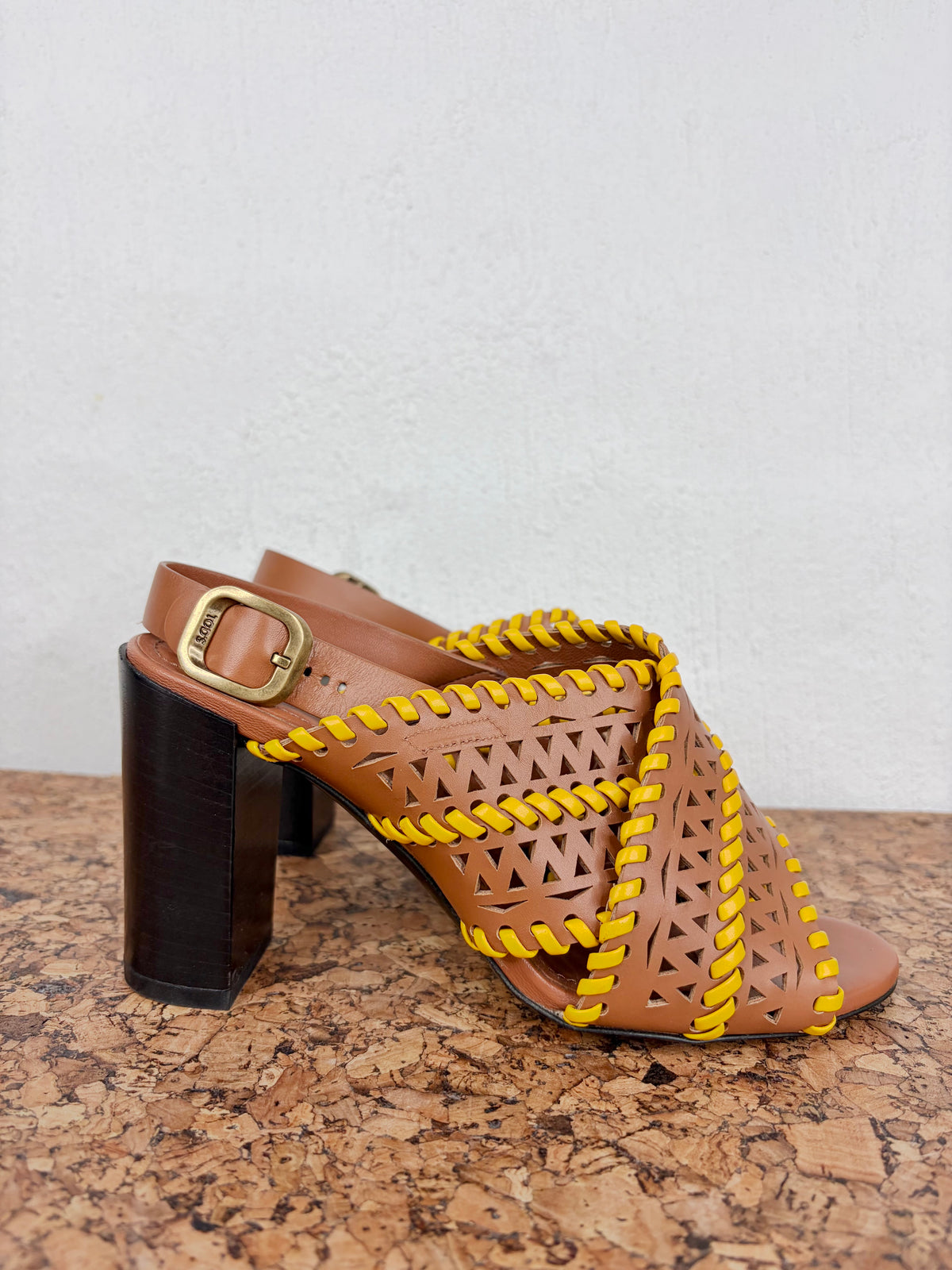 Tod's Tan Lazer Cut Whipstitch Embellished Peep Toe Heels - EU37