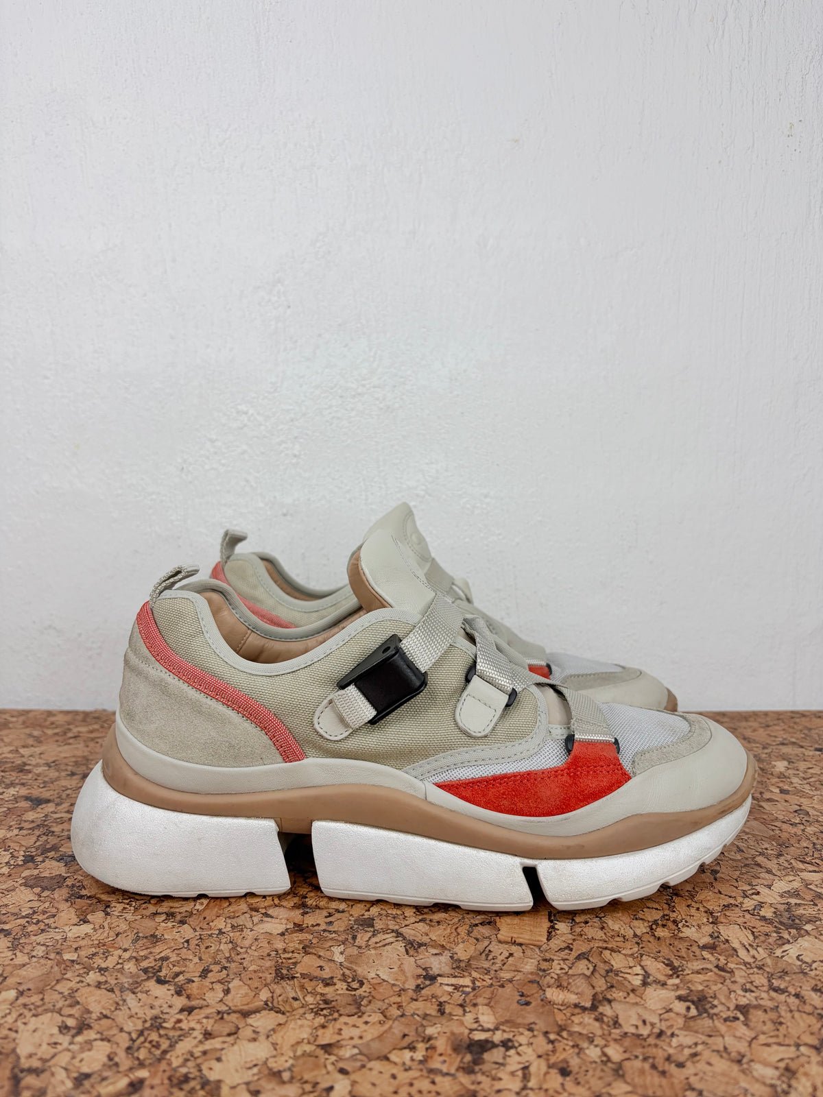 Chloé 'Sonnie' Light Eucalyptus Beige & Burnt Orange Suede & Mesh Sneakers - EU40